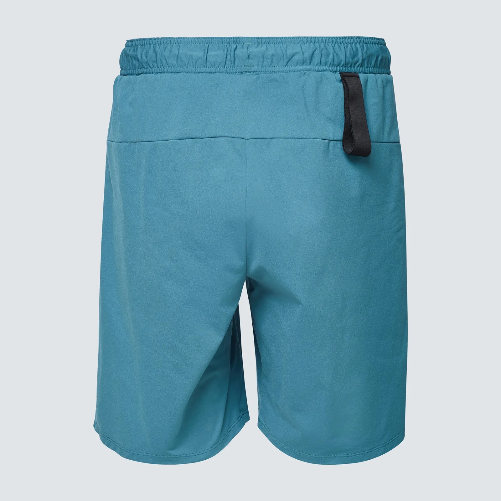 Teal blue athletic shorts with an elastic waistband and a black loop detail on the right side.