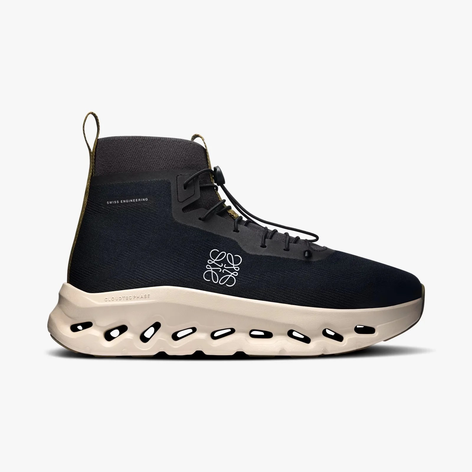 Black high-top sneaker with beige sole featuring cutout details and "Swiss Engineering" text on the side.
