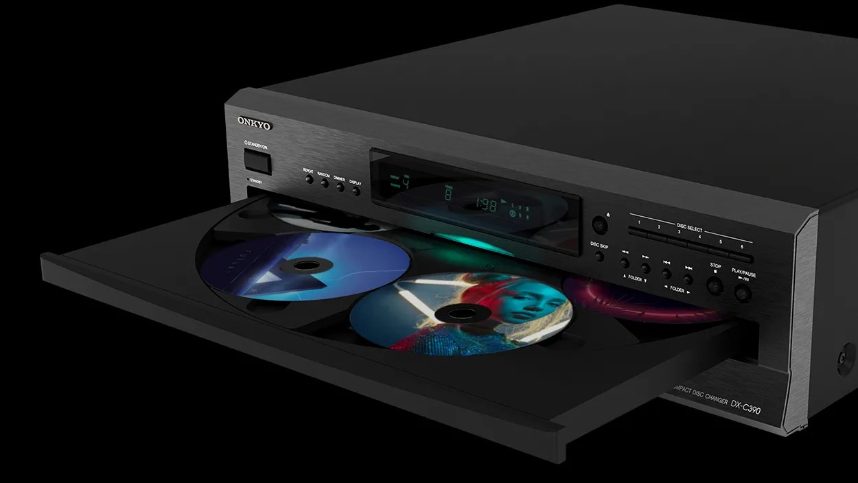 Black Onkyo multi-disc CD player with three discs in the open tray and digital display on the front panel.