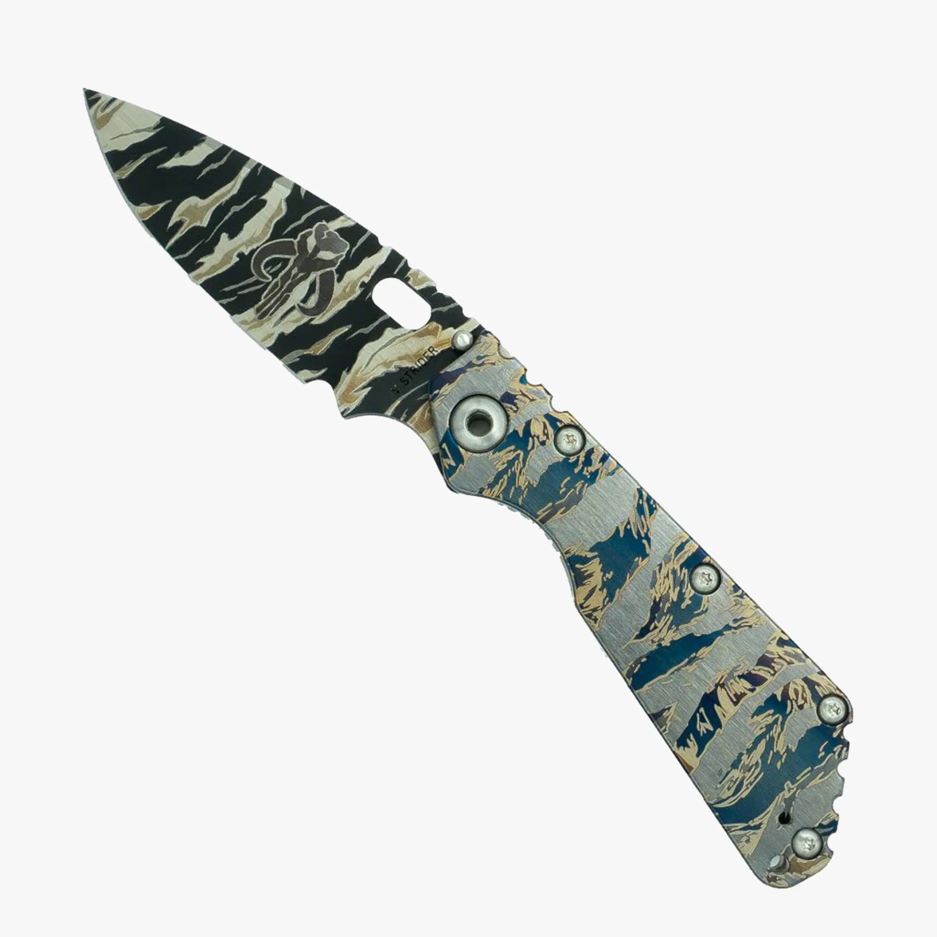 Folding knife with tiger stripe camouflage pattern and Mandalorian Mythosaur skull emblem on the blade.