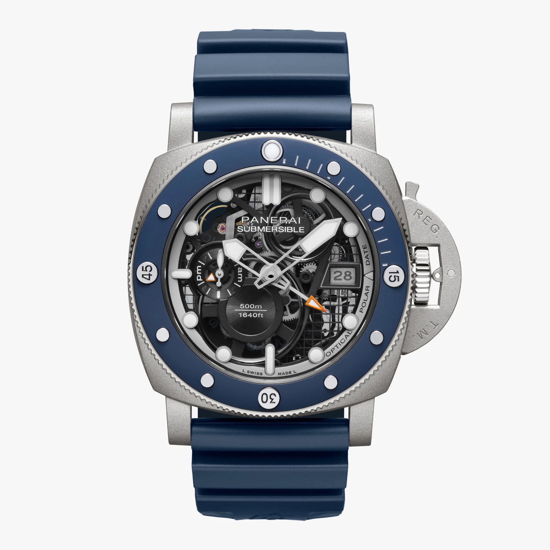 Skeleton dial Panerai Submersible watch with blue bezel and blue rubber strap.
