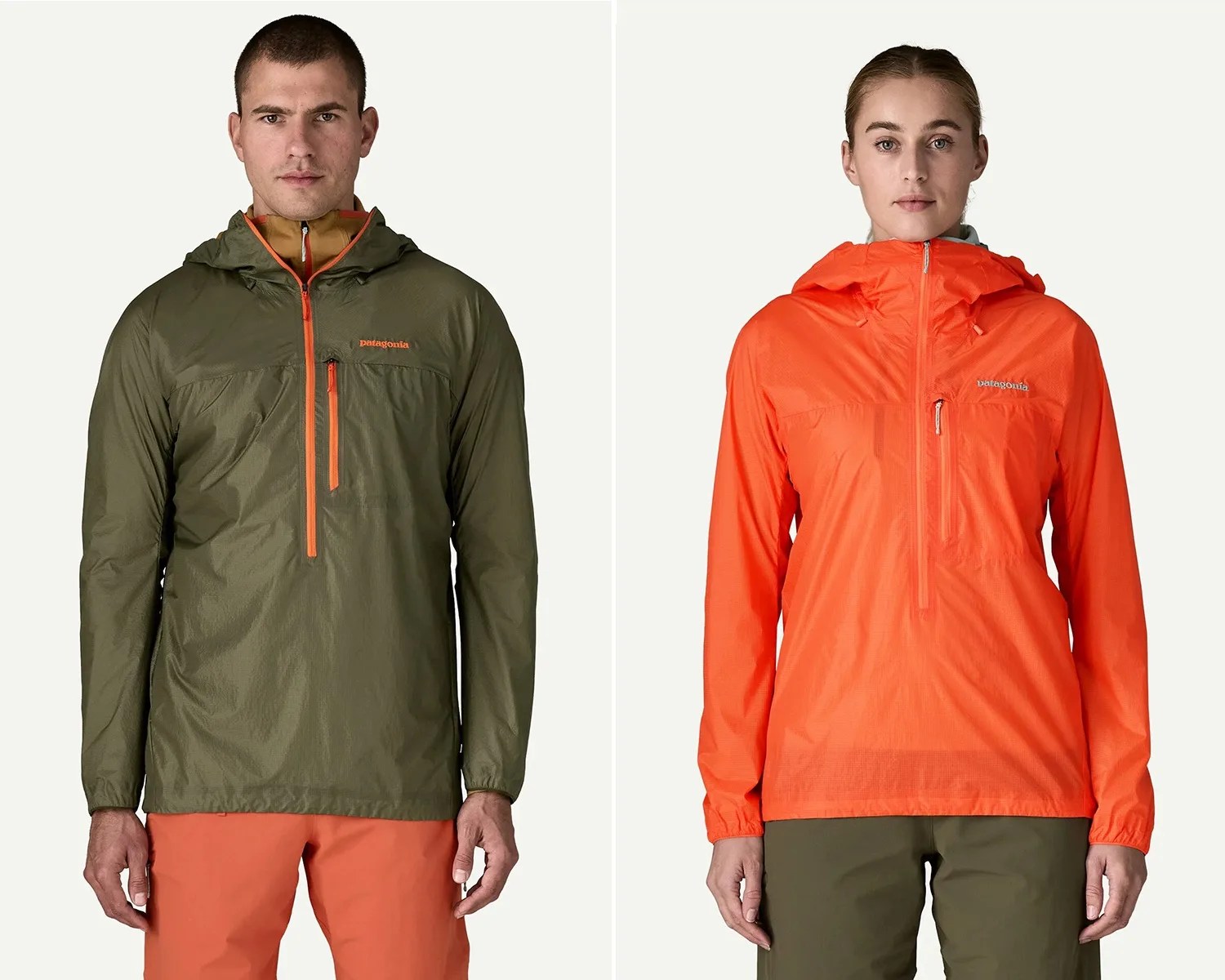 Side-by-side front view of a man wearing an olive green Patagonia hooded jacket with orange zipper and orange pants, and a woman wearing an orange Patagonia hooded jacket with a chest zipper and olive green pants.