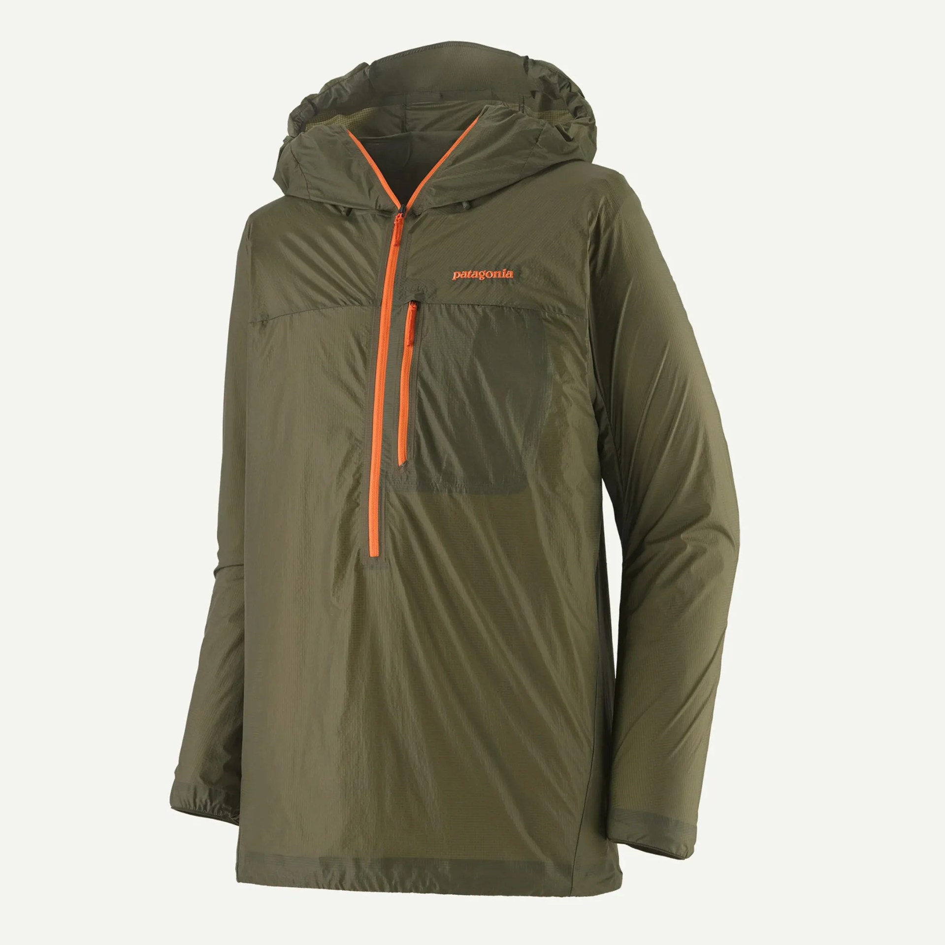 Olive green Patagonia jacket with orange zipper and chest pocket, featuring a hood.