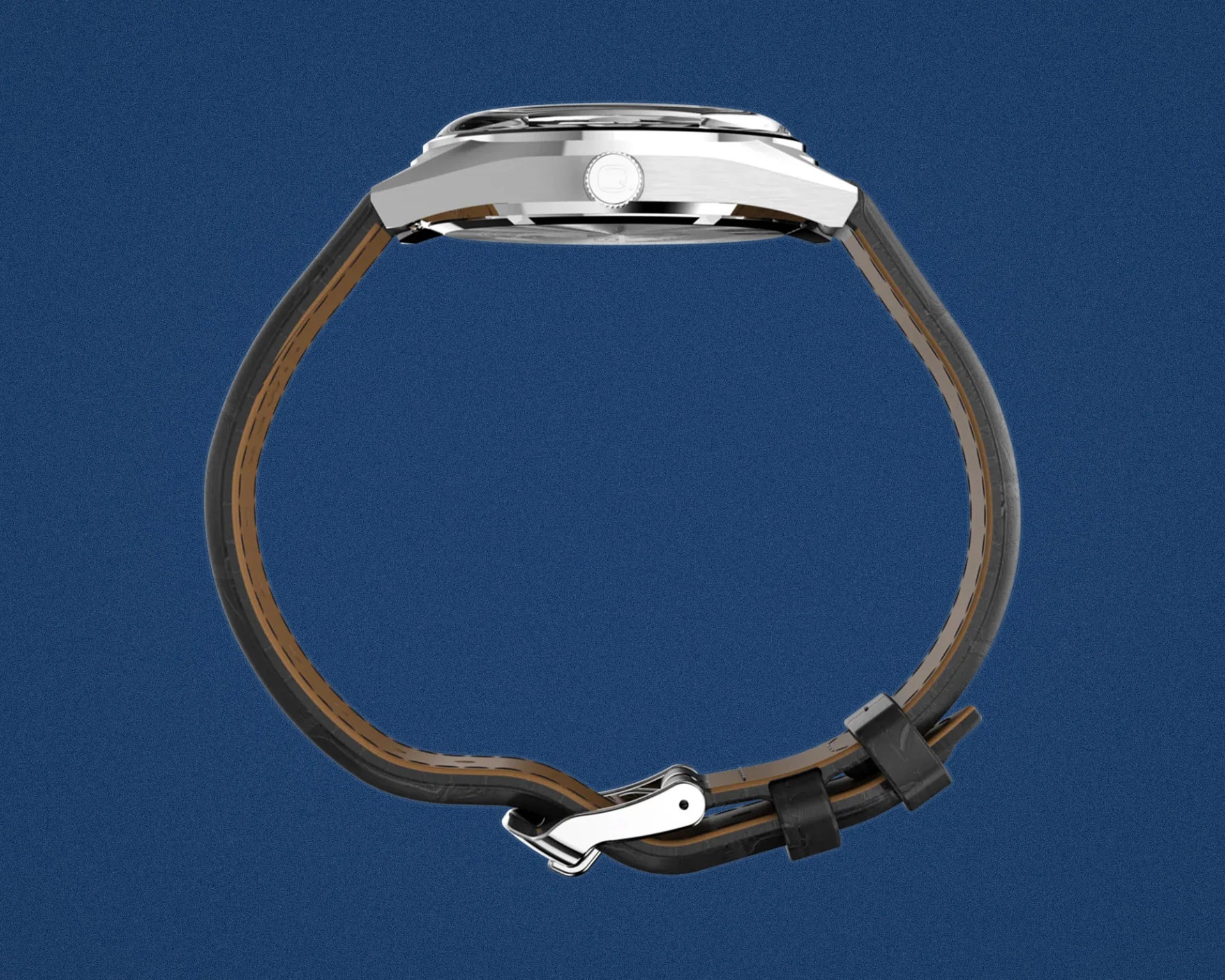 Side view of a silver watch case with a black leather strap and a silver clasp on a blue background.