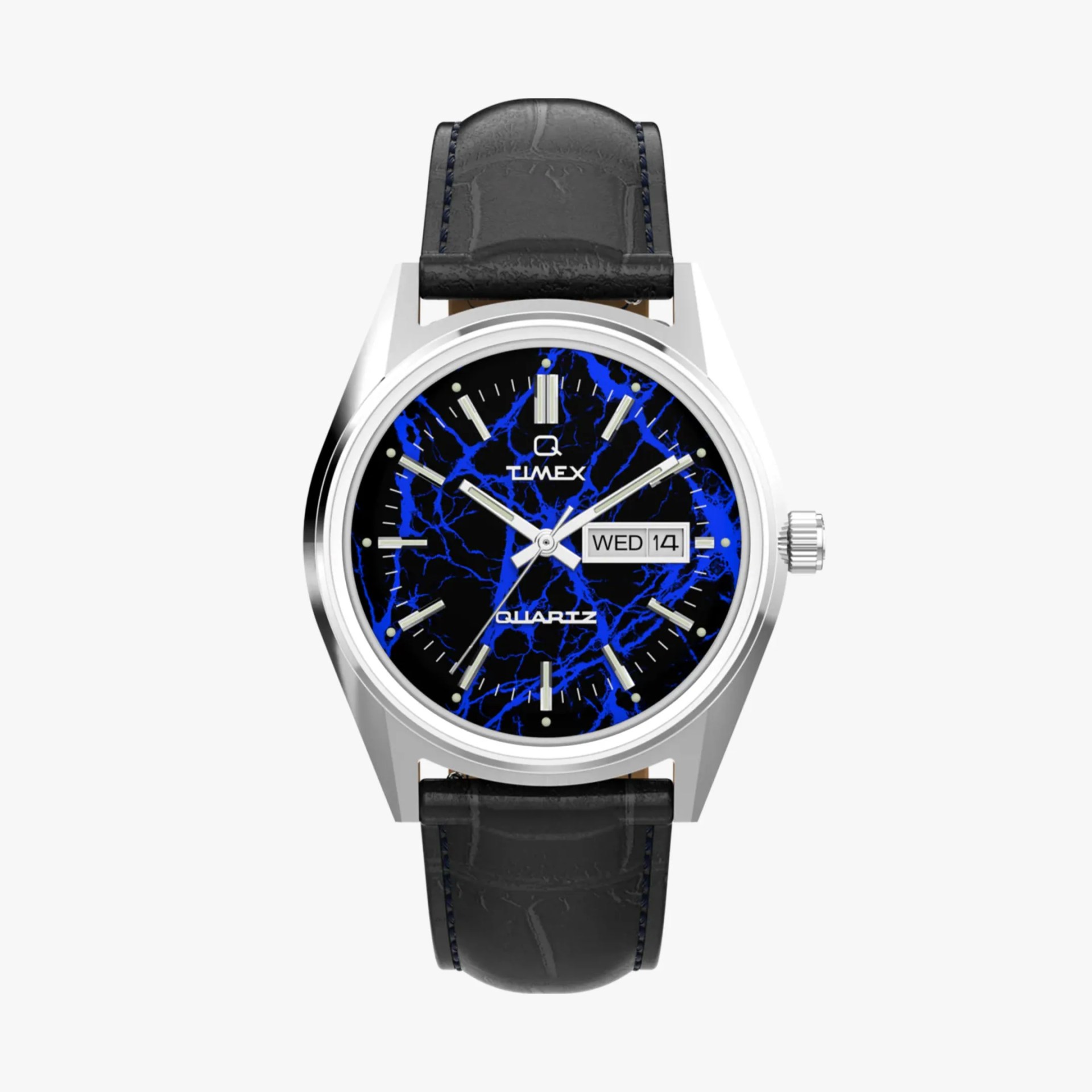 Silver Timex wristwatch with black and blue marbled dial and black leather strap.