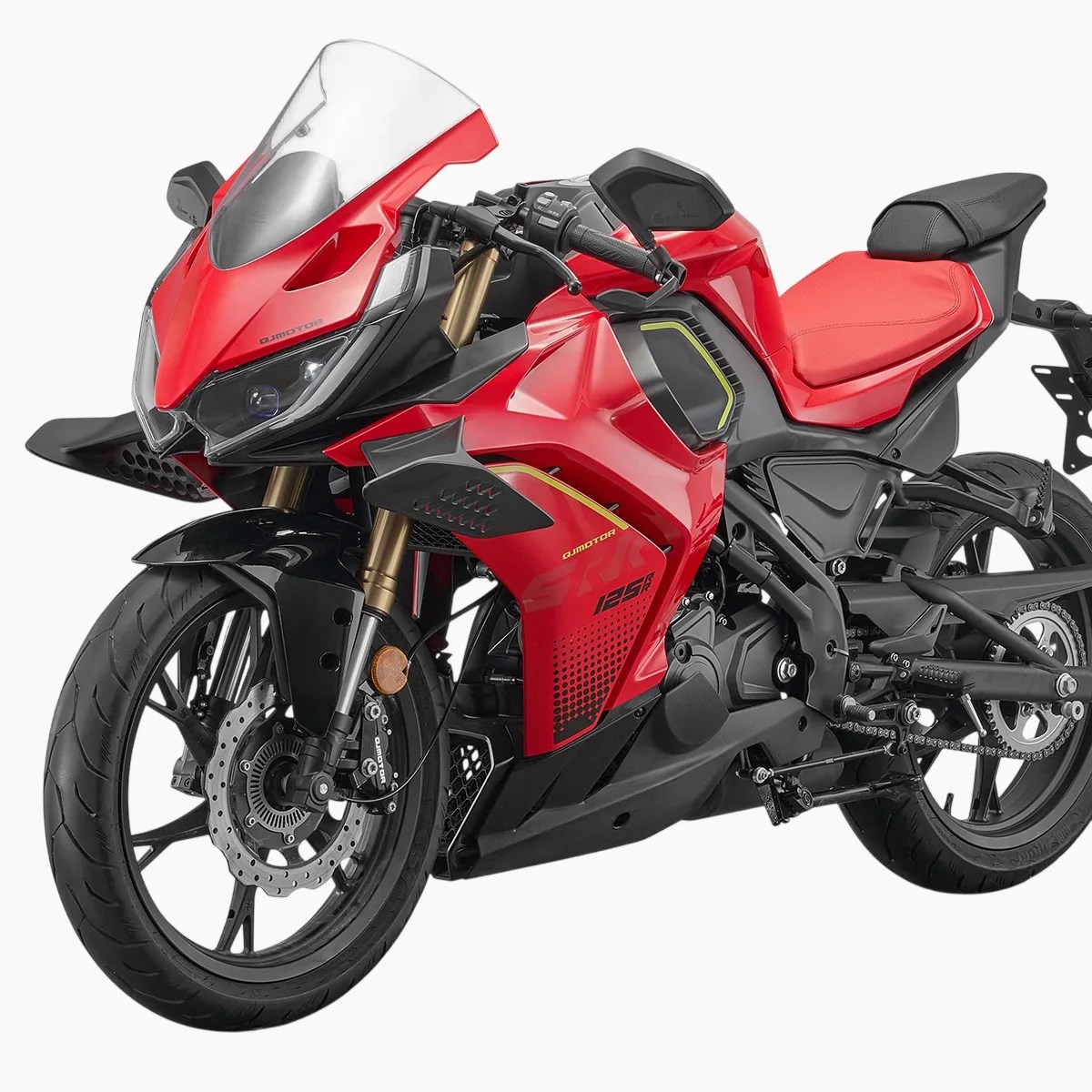 Red and black sport motorcycle with aerodynamic fairings and a clear windshield.