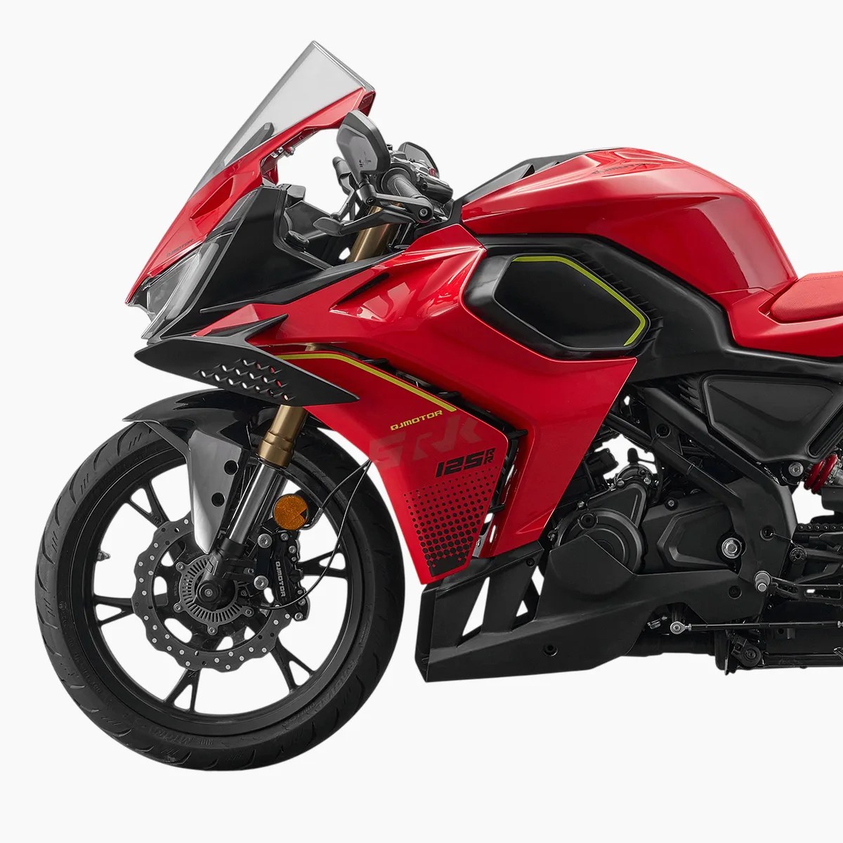 Red and black sport motorcycle front side with visible front wheel, brake disc, and aerodynamic fairing.