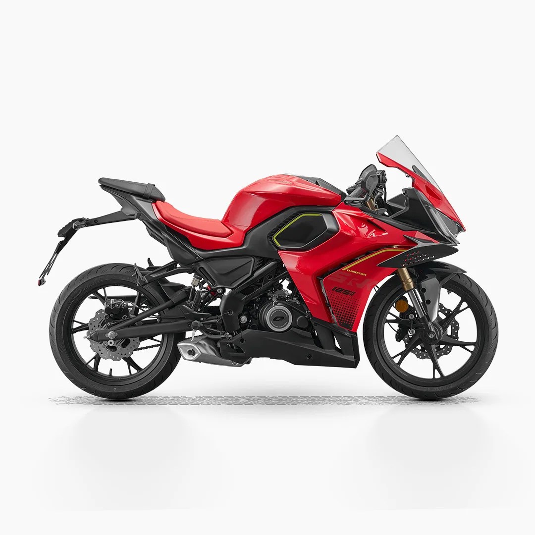 Red and black sport motorcycle with aerodynamic fairing and exposed engine components on a white background.