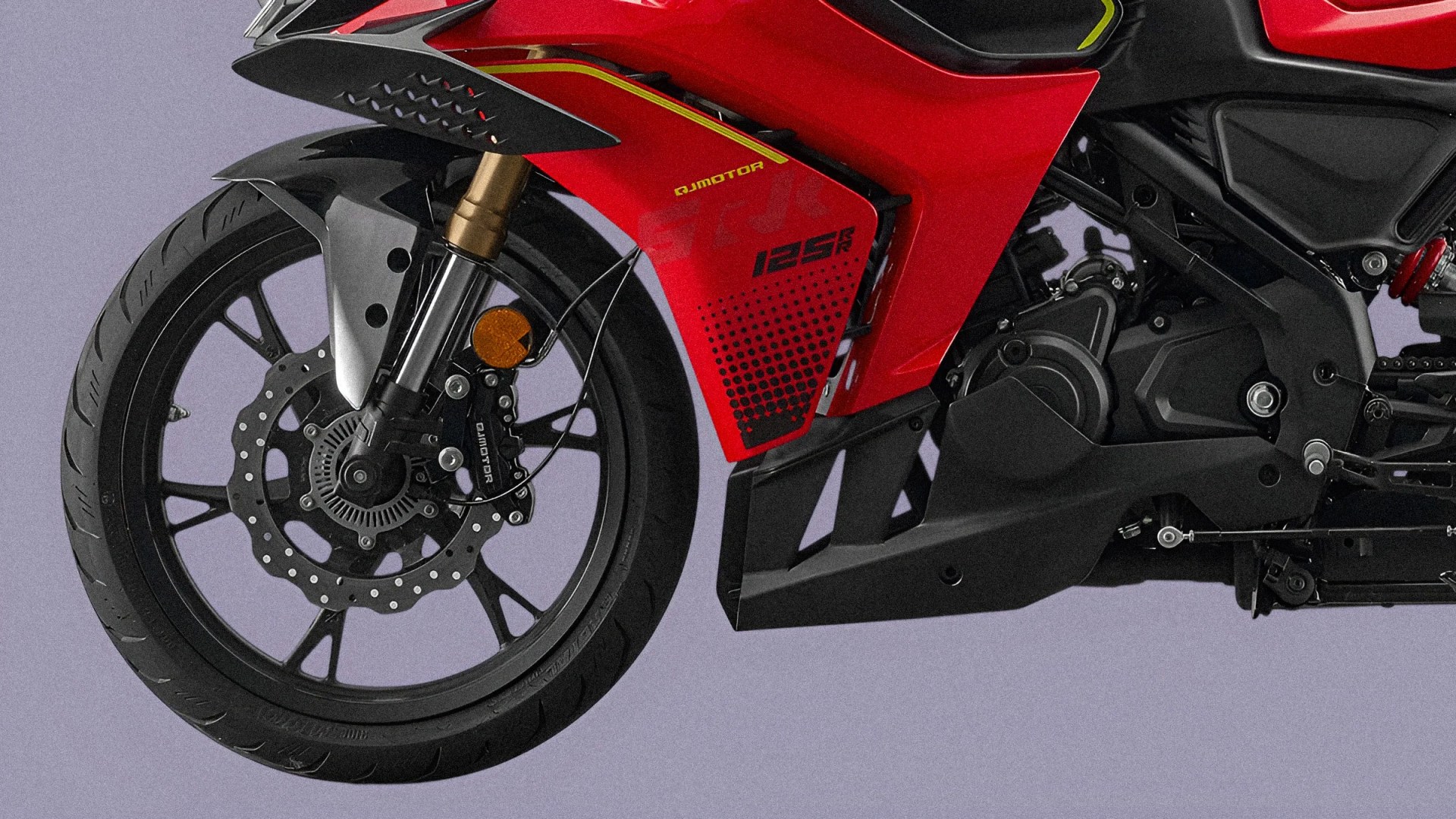 Close-up of the front wheel and red fairing of a QJMOTOR 125 RR motorcycle with disc brake and black alloy rim.