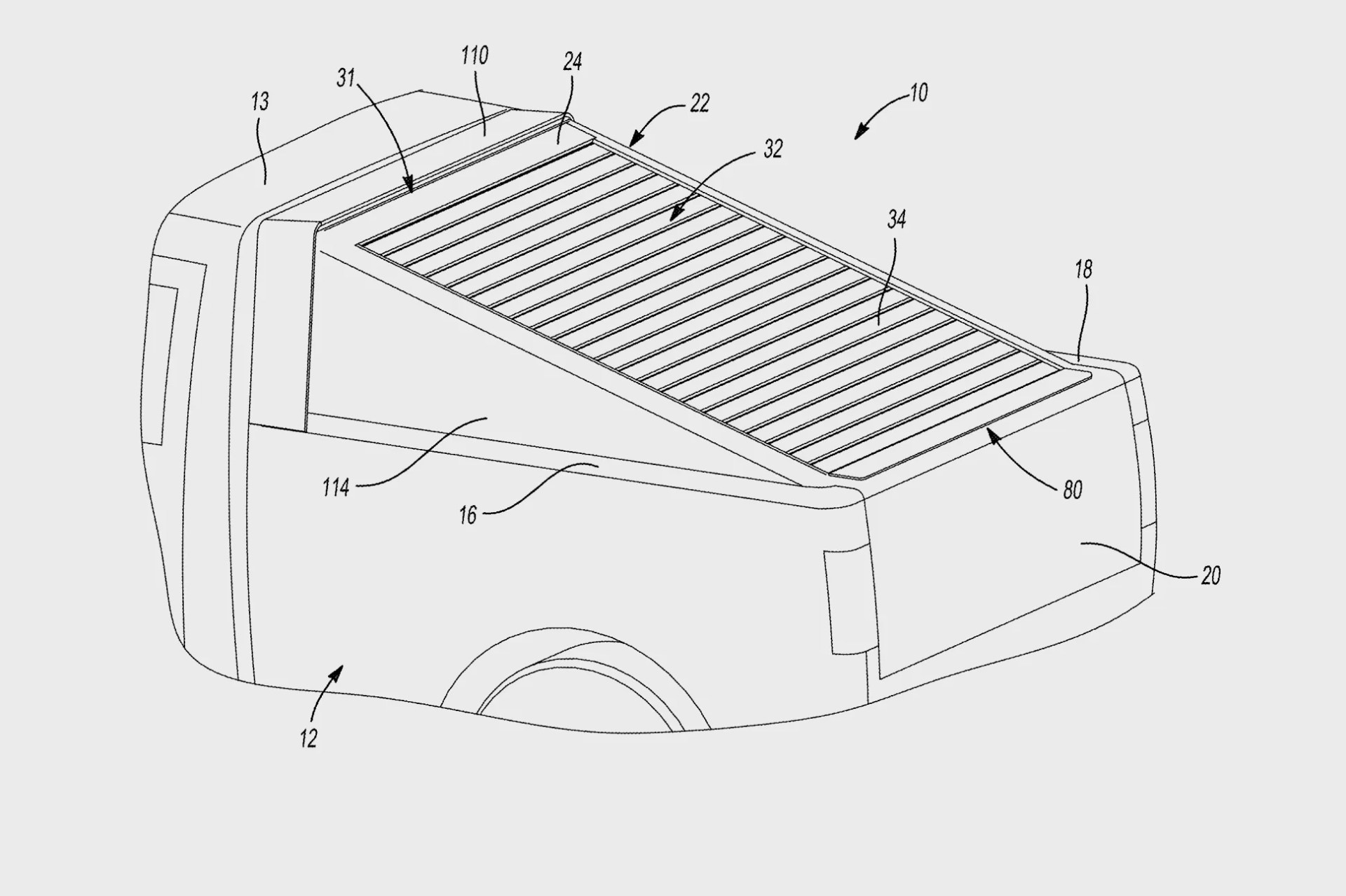 Technical drawing of a vehicle rear section showing a slanted bed cover with parallel slats and labeled parts.