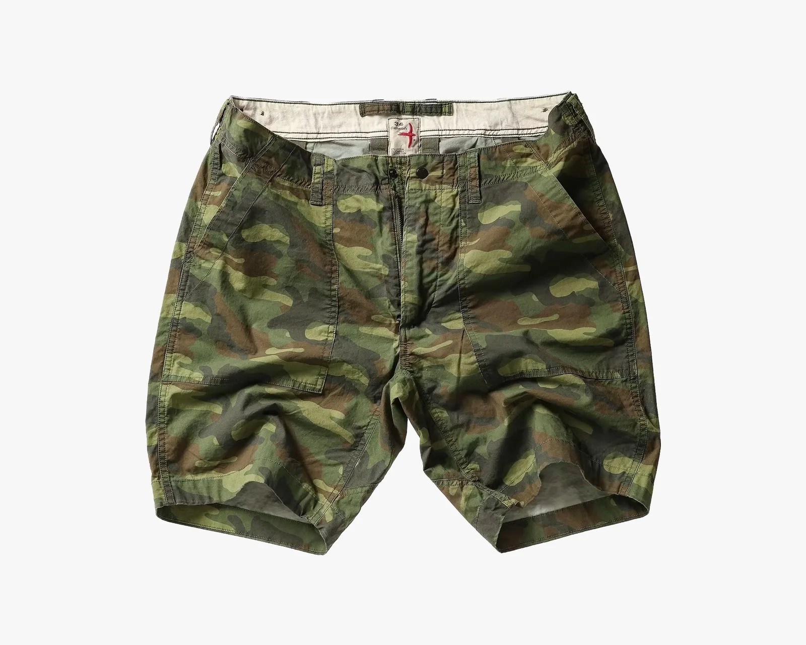 Green and brown camouflage cargo shorts with front pockets and belt loops.