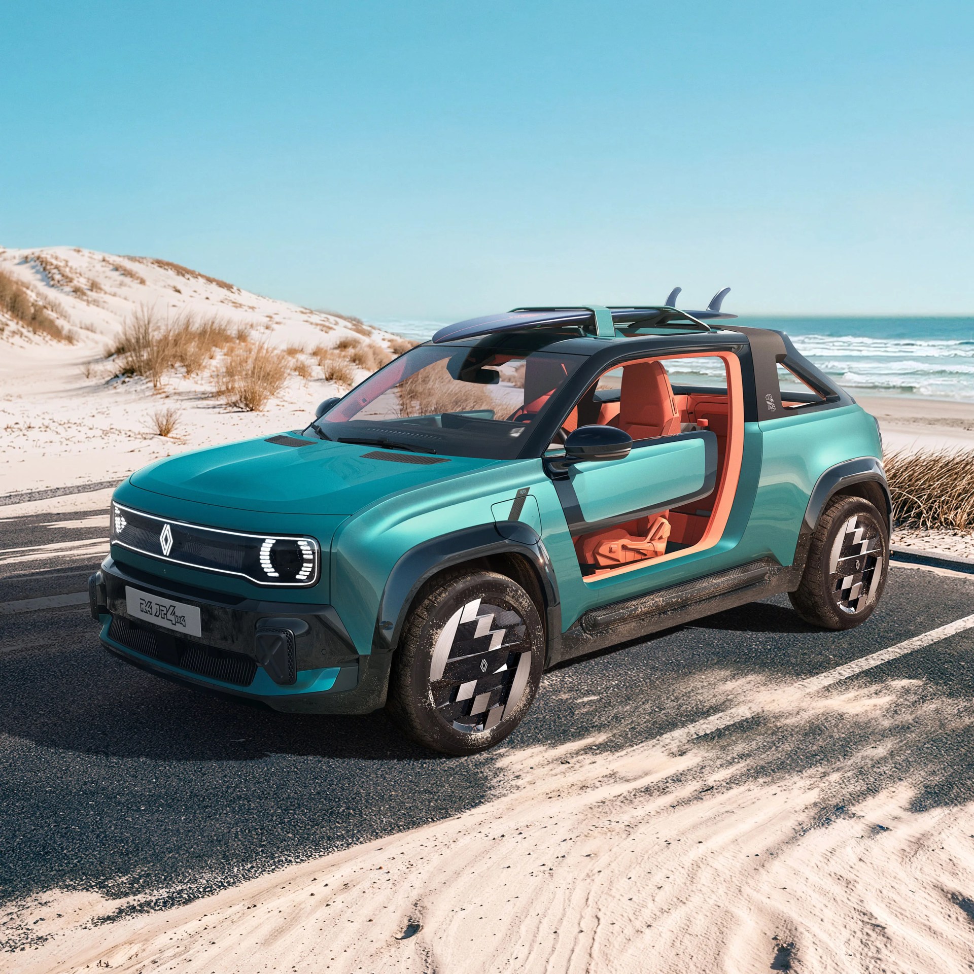 Teal electric SUV with orange interior and surfboard on roof parked on sandy beach road.