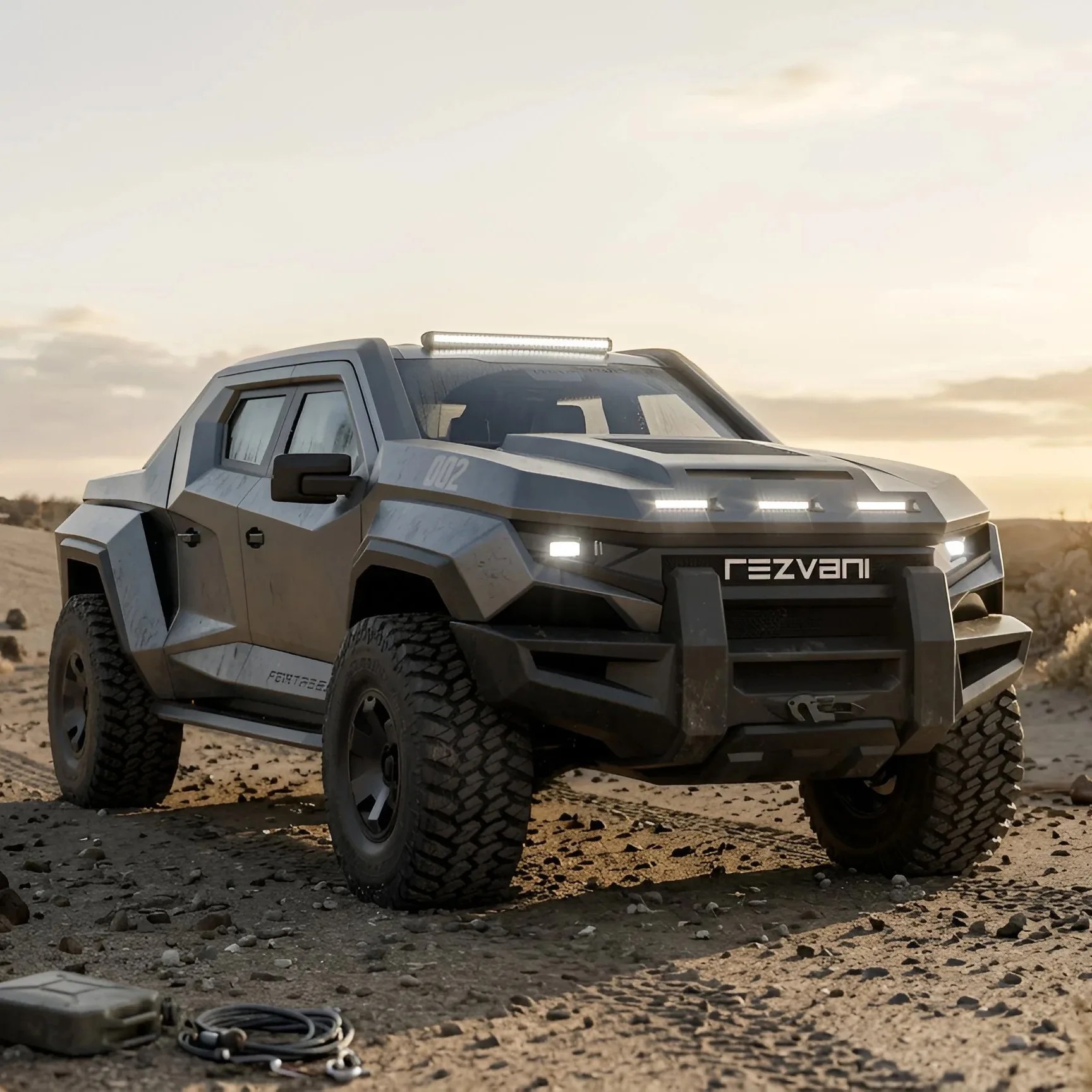 Matte gray Rezvani off-road vehicle with rugged tires and LED light bars on a rocky dirt terrain.