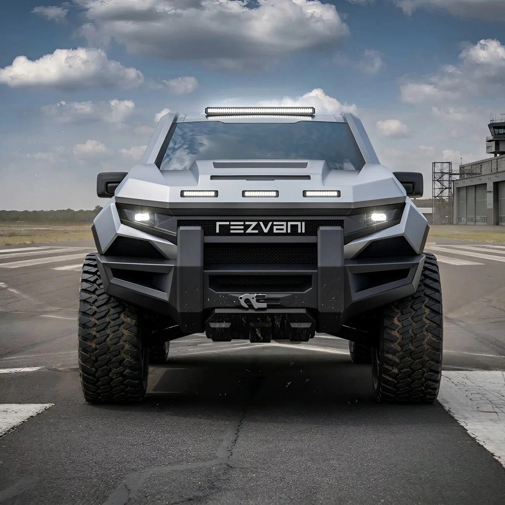 Front view of a silver Rezvani armored SUV with large off-road tires and LED light bars on the roof and grille.