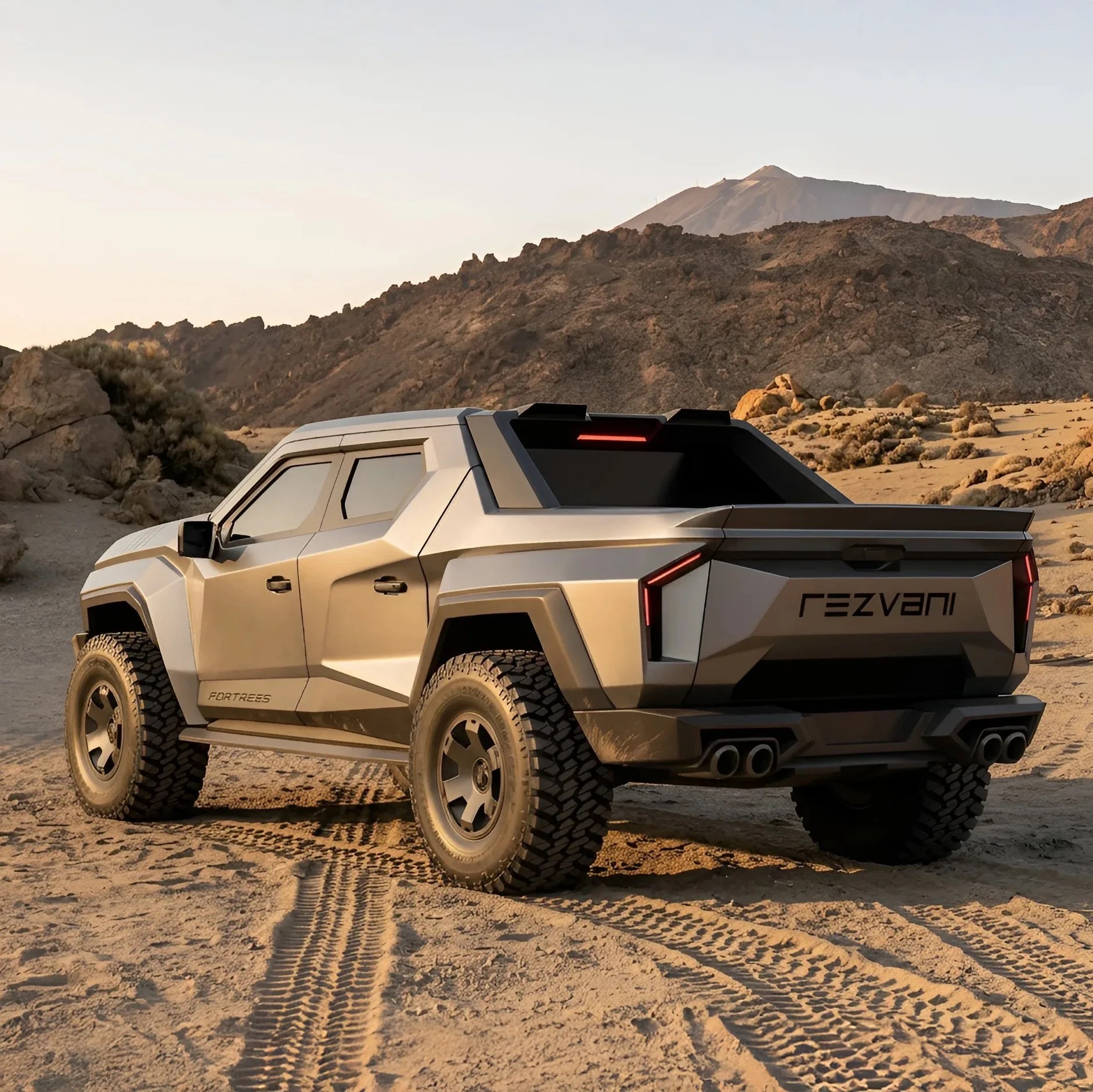 Silver Rezvani Fortress pickup truck on sandy terrain with rocky hills in the background.