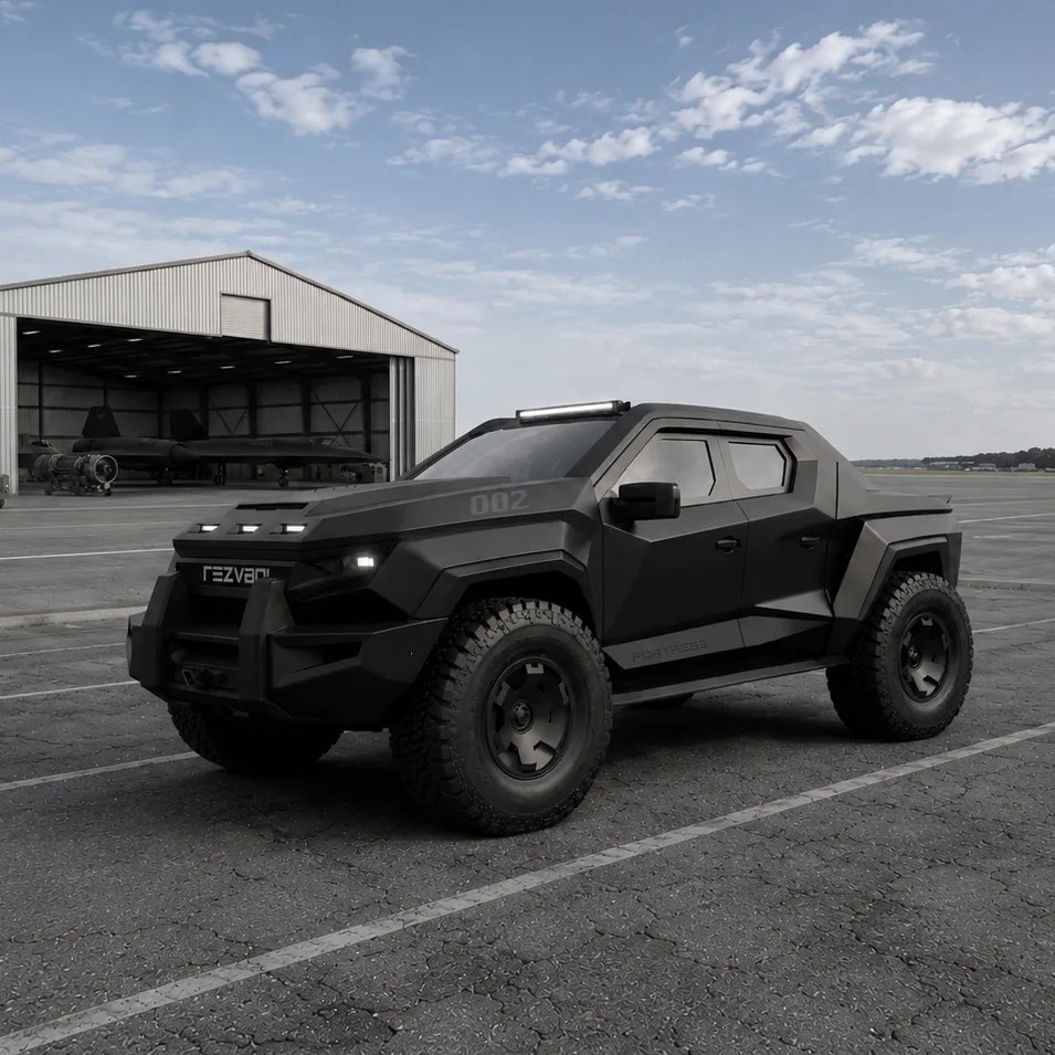 Matte black futuristic armored SUV with rugged tires parked on an airfield near a hangar.