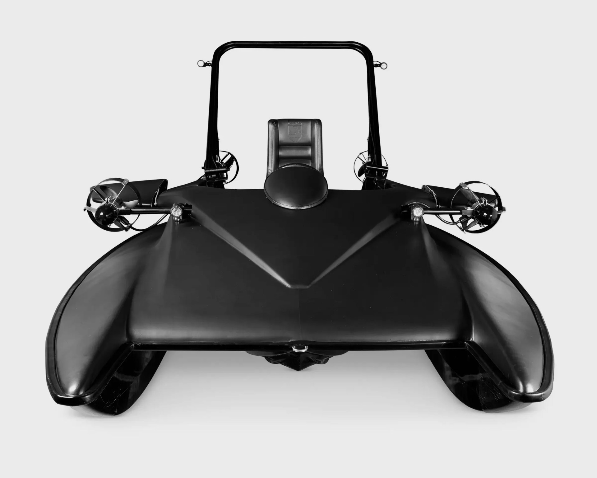 Black sleek hydrofoil watercraft with a single padded seat and dual propellers on each side.
