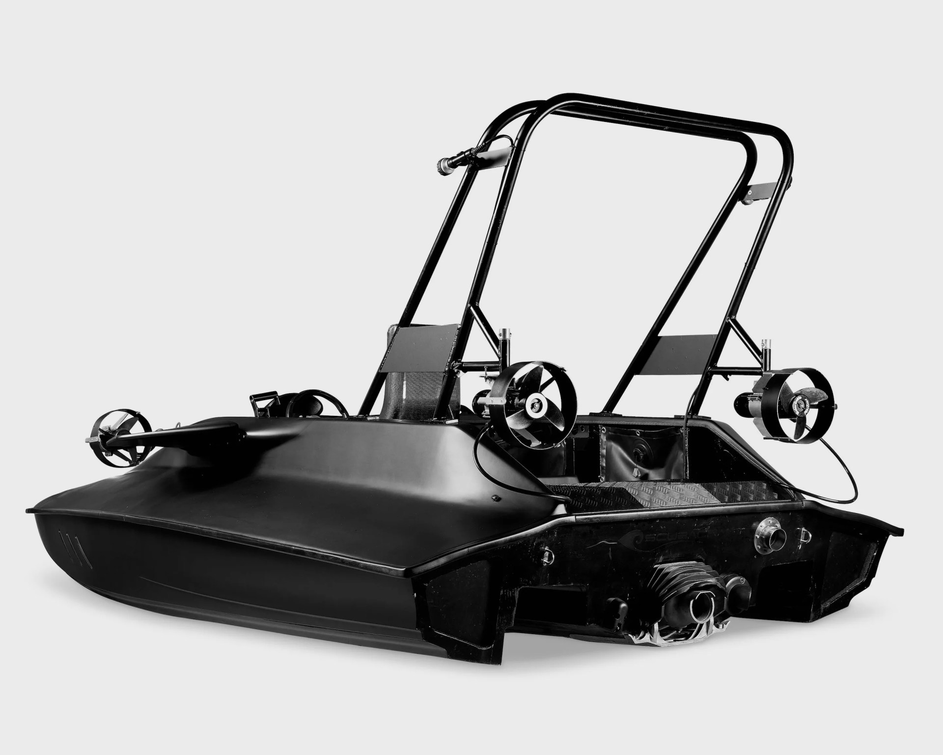 Black amphibious vehicle with propellers and a roll cage frame against a white background.