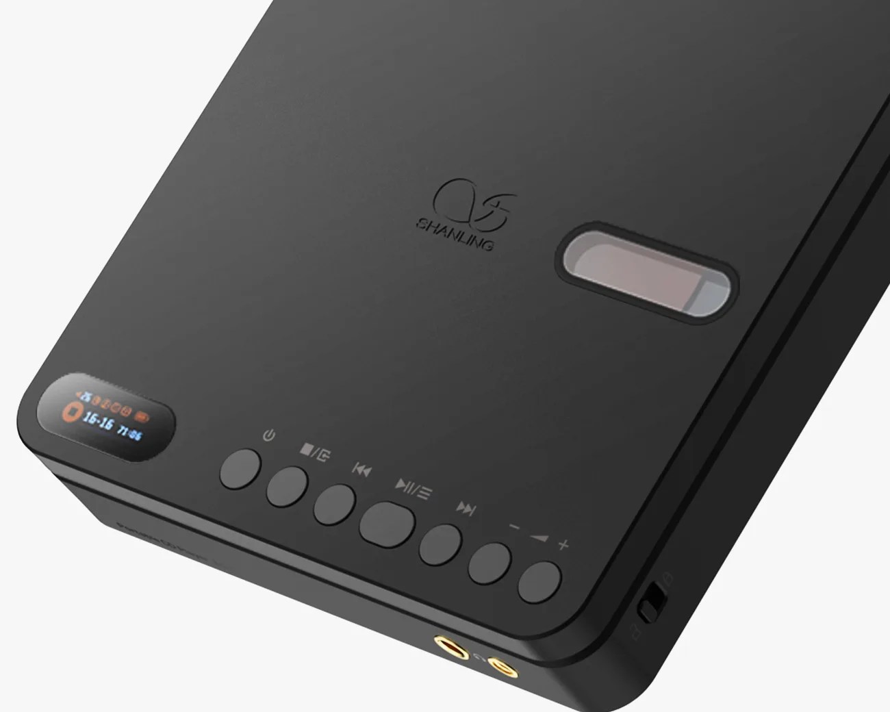 Black Shanling audio player with control buttons, small display screen, and dual headphone jacks.
