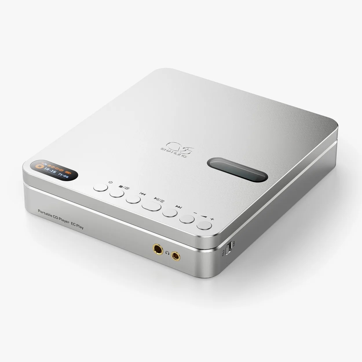 Silver portable CD player with control buttons, small display screen, and headphone jacks on a white background.