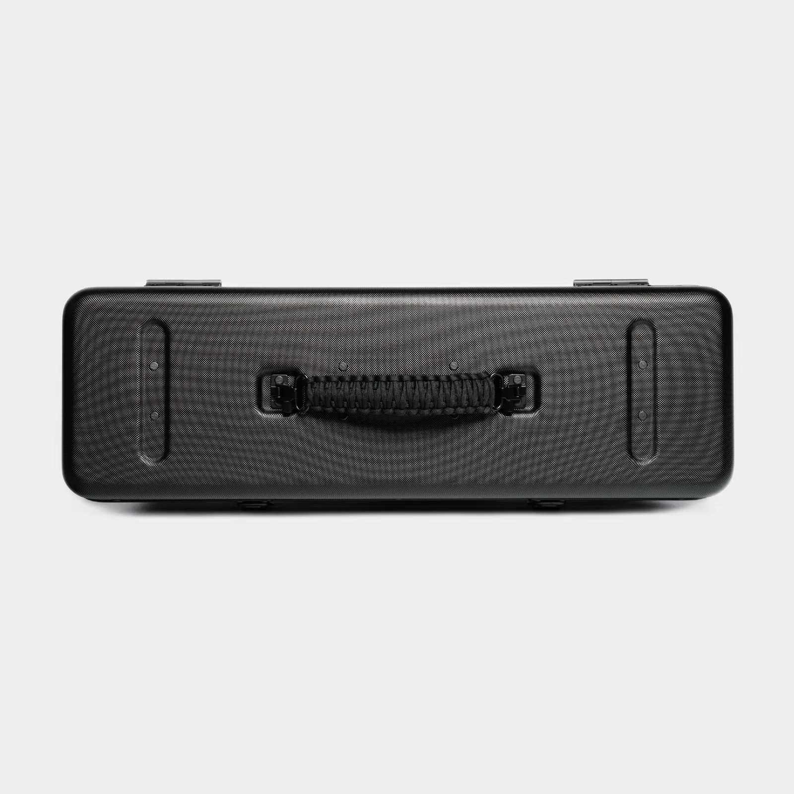 Black textured rectangular hard case with a woven black handle on a white background.