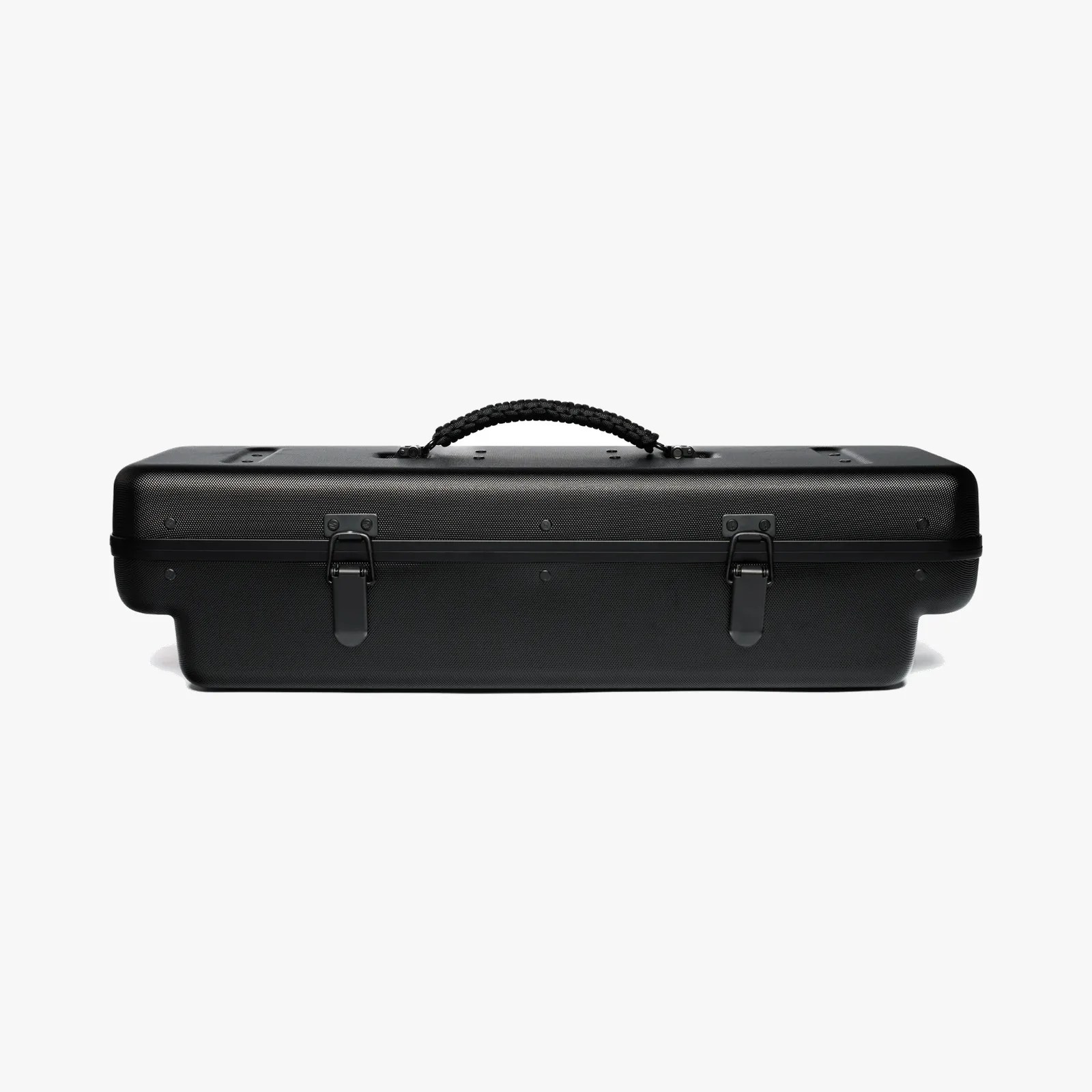 Black textured hard-shell case with two metal latches and a braided handle on top.