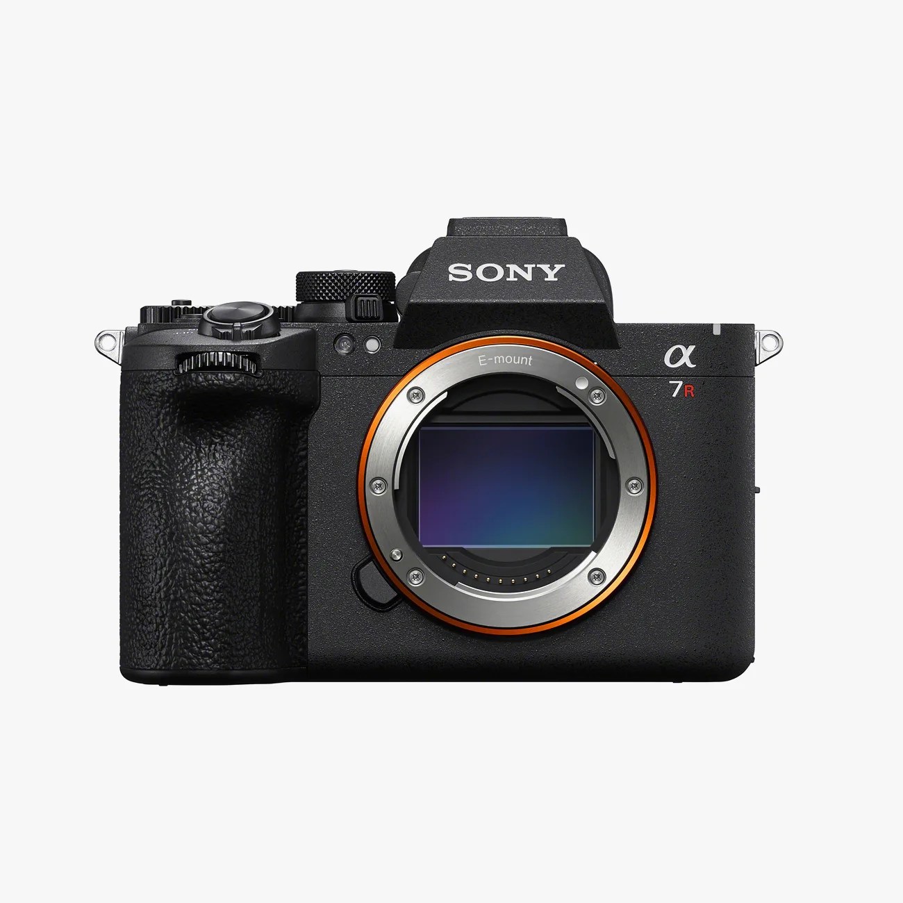Black Sony Alpha 7R mirrorless camera body with E-mount sensor visible.
