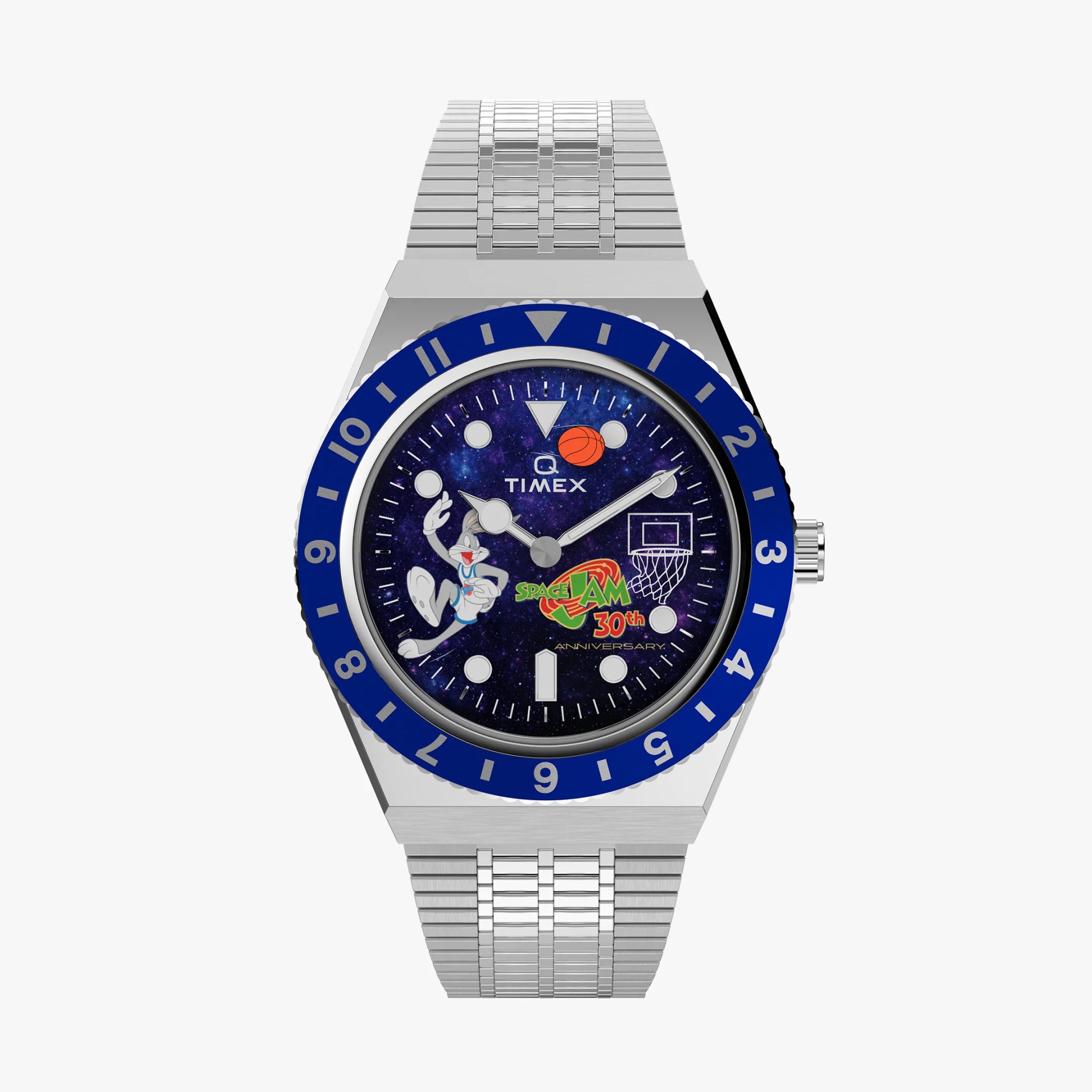 Silver metal bracelet watch with blue bezel and Space Jam 30th Anniversary dial featuring Bugs Bunny and a basketball hoop.
