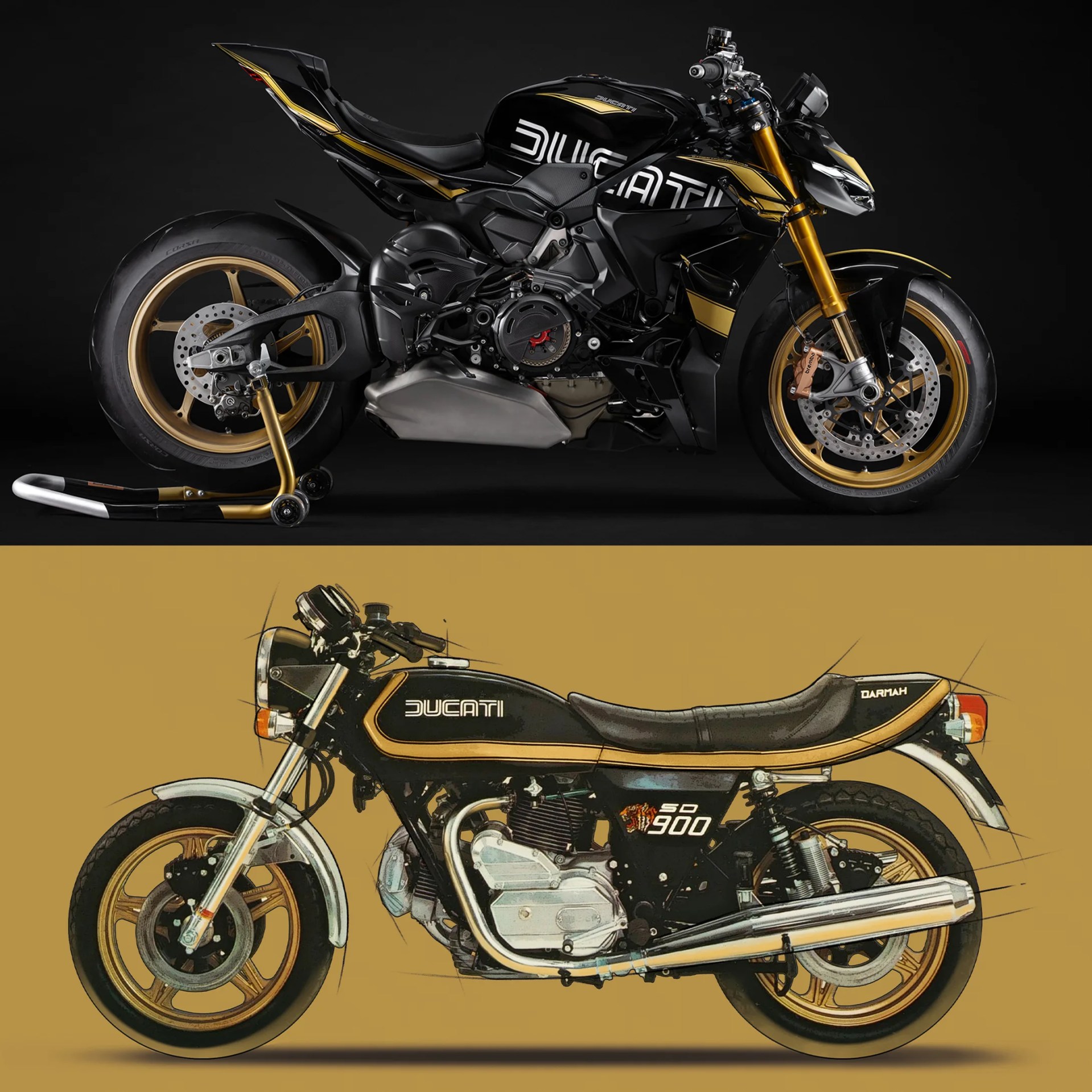 Black and gold Ducati Darmah 900 motorcycle with chrome exhaust on a mustard background.