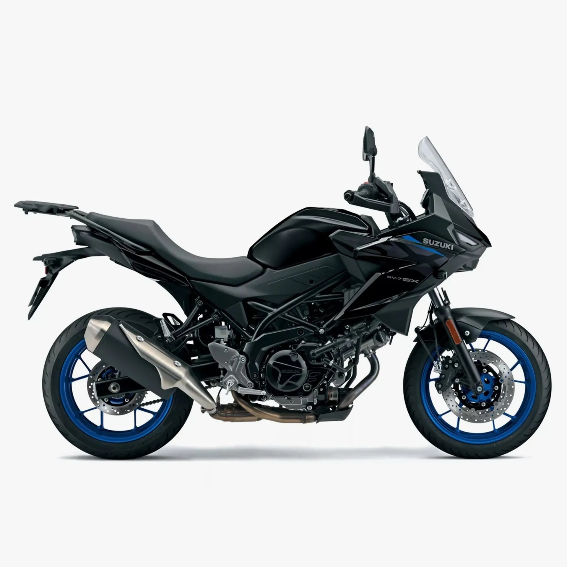 Black Suzuki SV-7 GX motorcycle with blue wheels and a clear windshield on a white background.