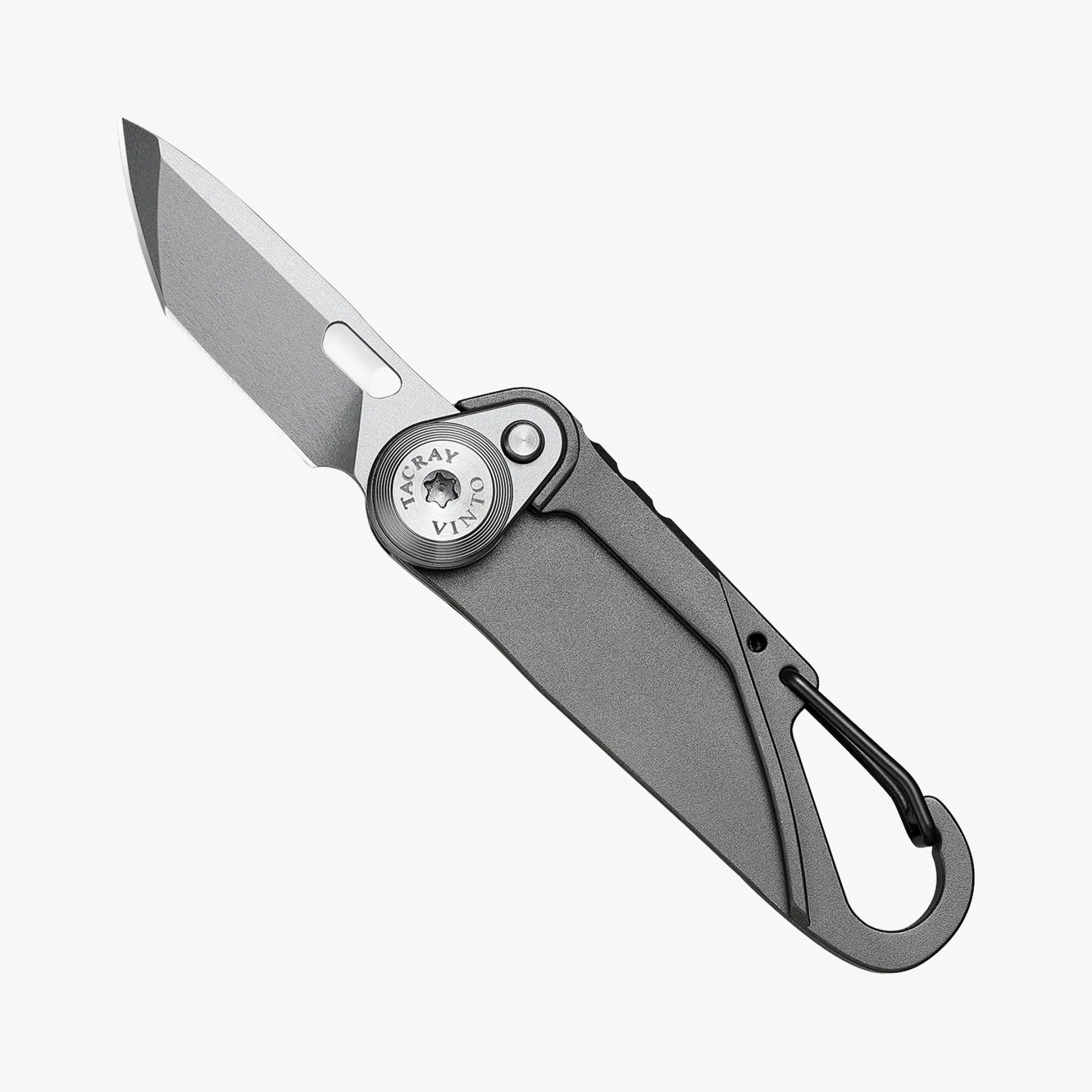 Gray folding knife with a partially serrated blade and a black carabiner clip on the handle.