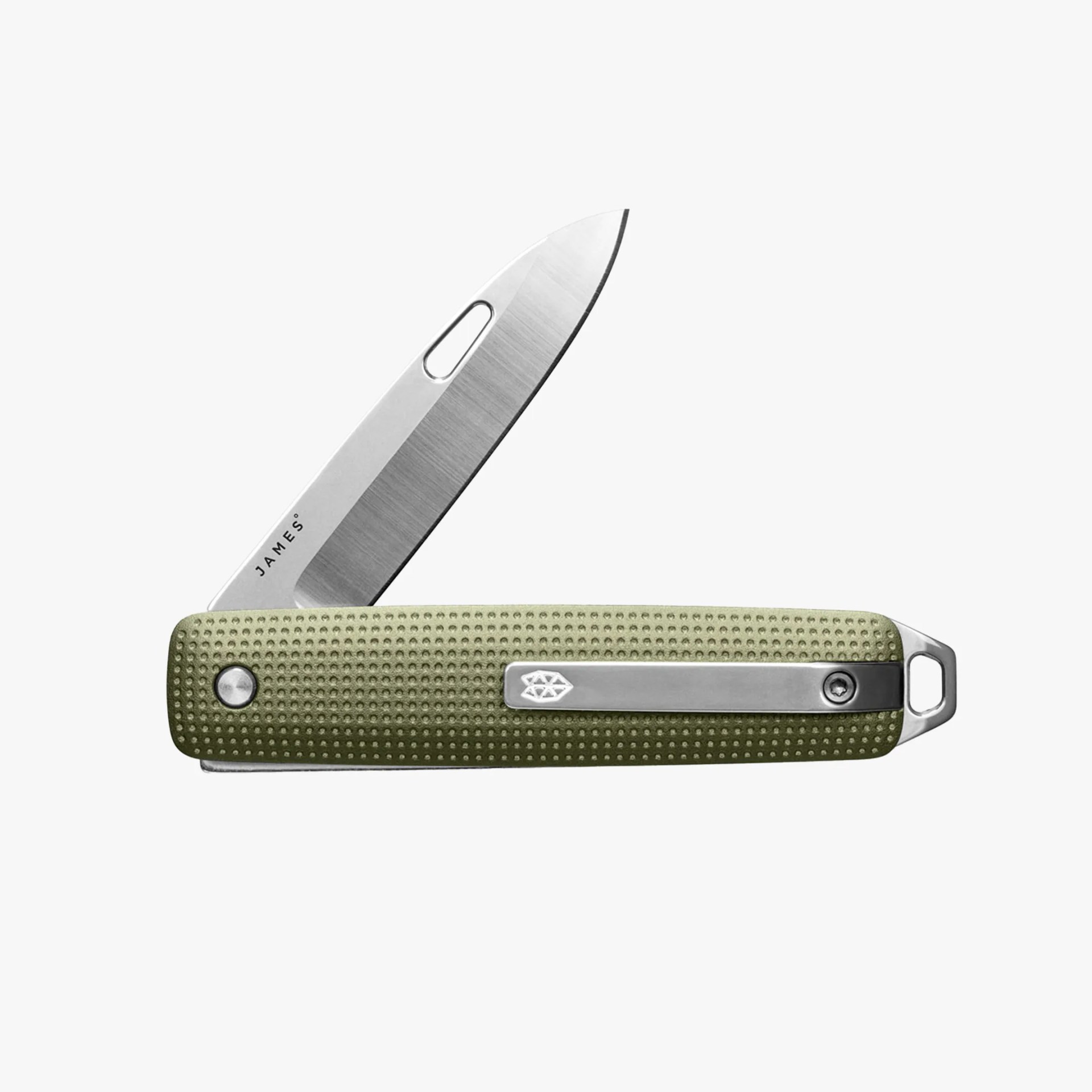 Green textured handle folding knife with a partially open stainless steel blade and a metal clip.