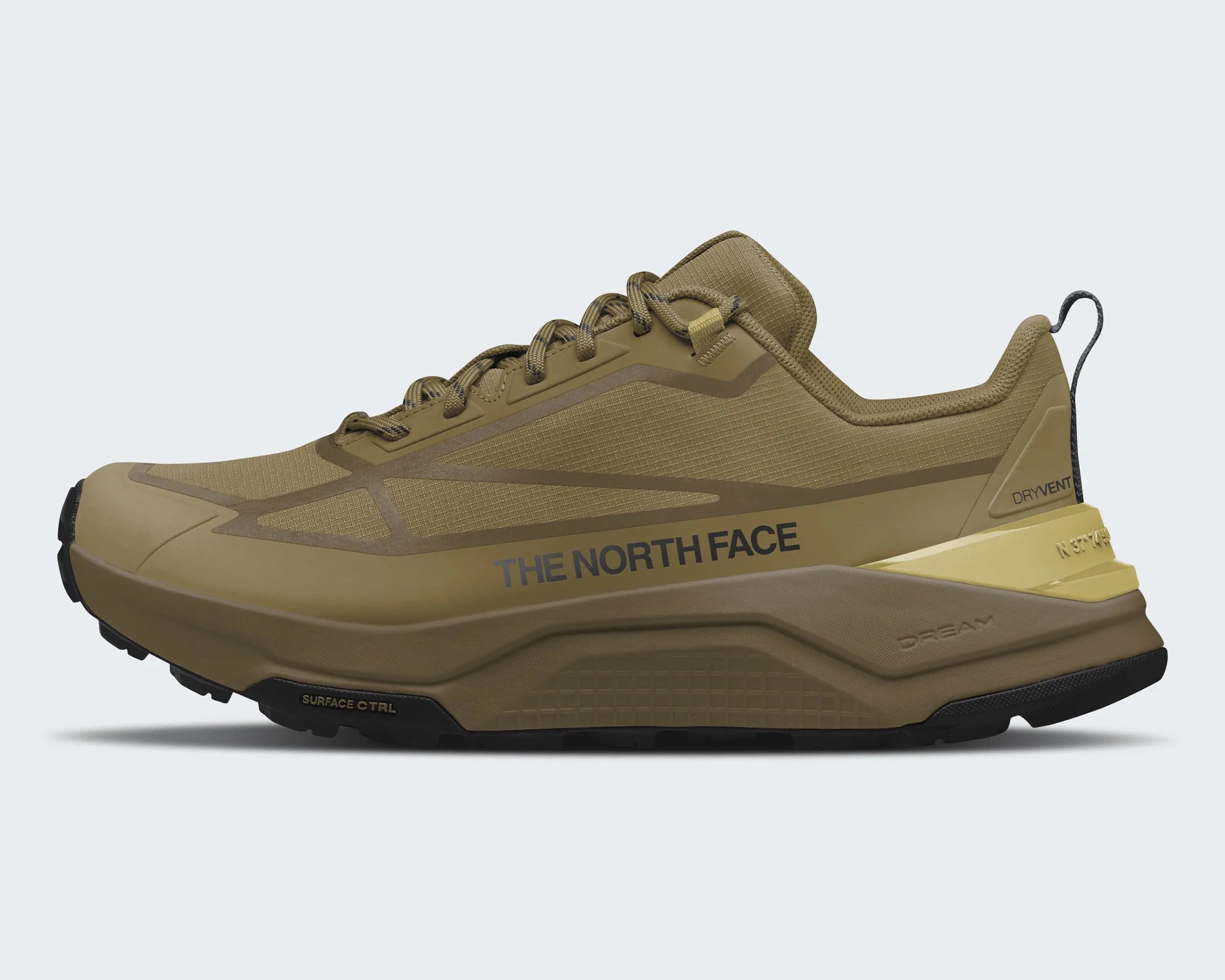 Tan and brown trail running shoe with "The North Face" logo and black outsole.