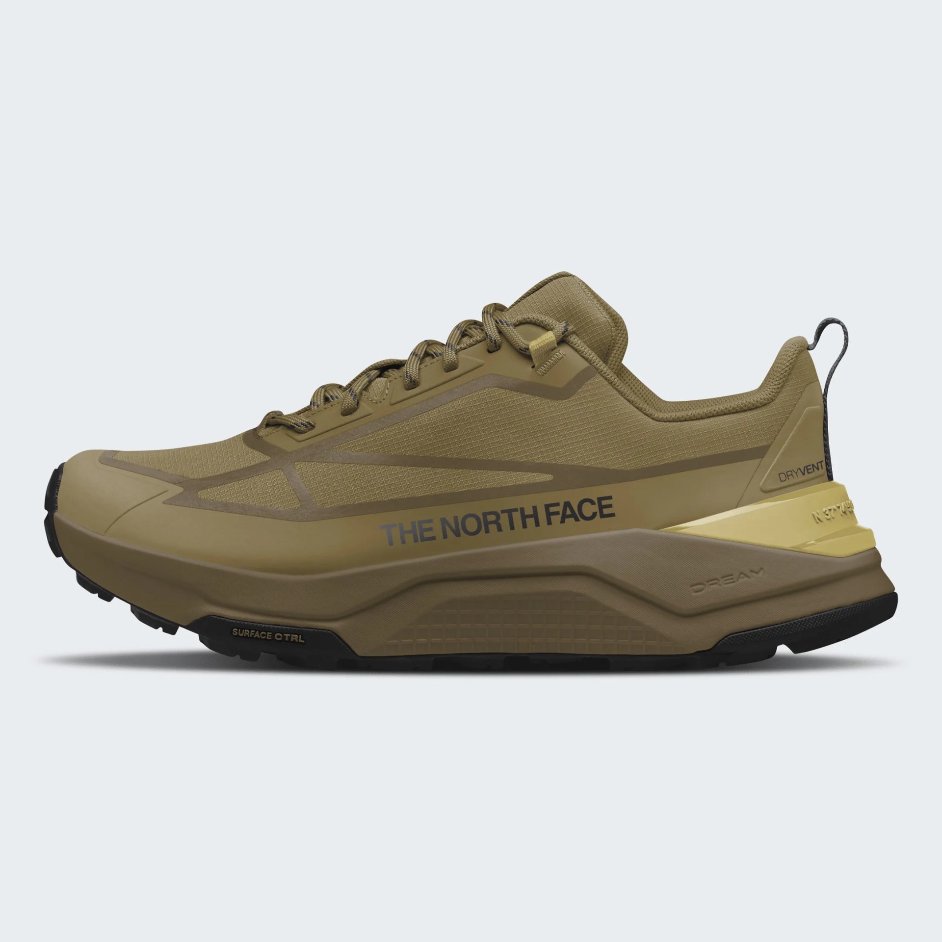 Tan and olive green trail running shoe with black sole and "The North Face" logo on the side.
