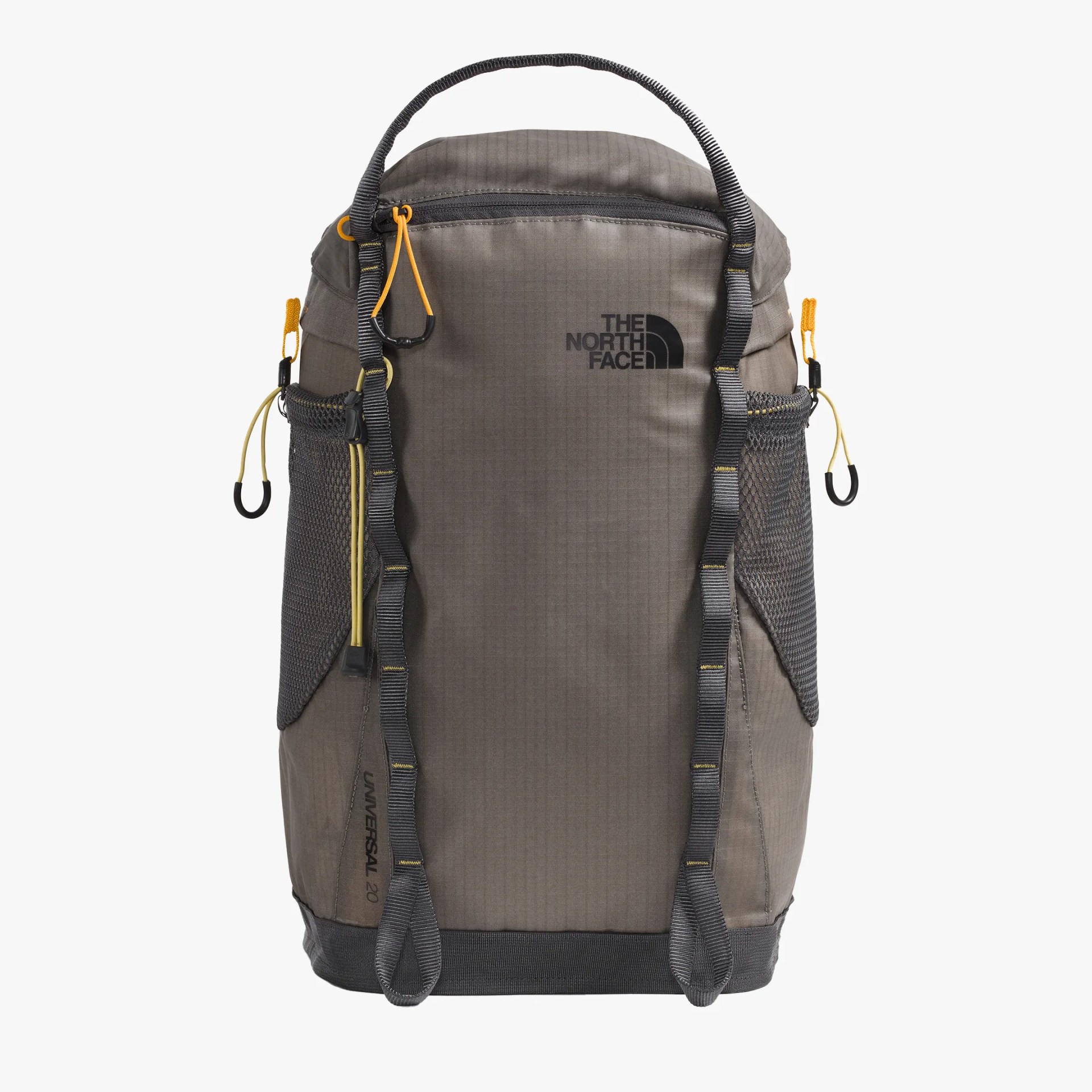 Gray The North Face backpack with black straps, mesh side pockets, and yellow zipper pulls.
