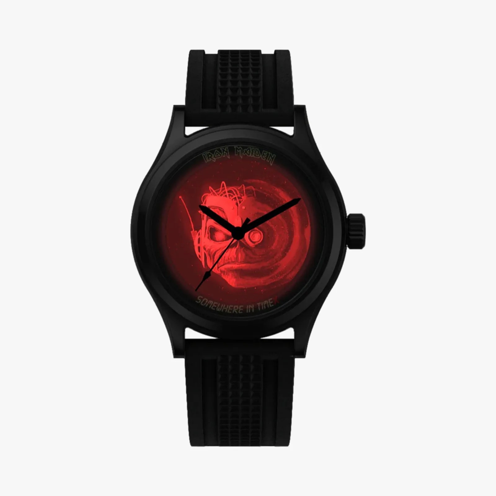 Black wristwatch with textured strap and red Iron Maiden "Somewhere in Time" graphic on the dial.