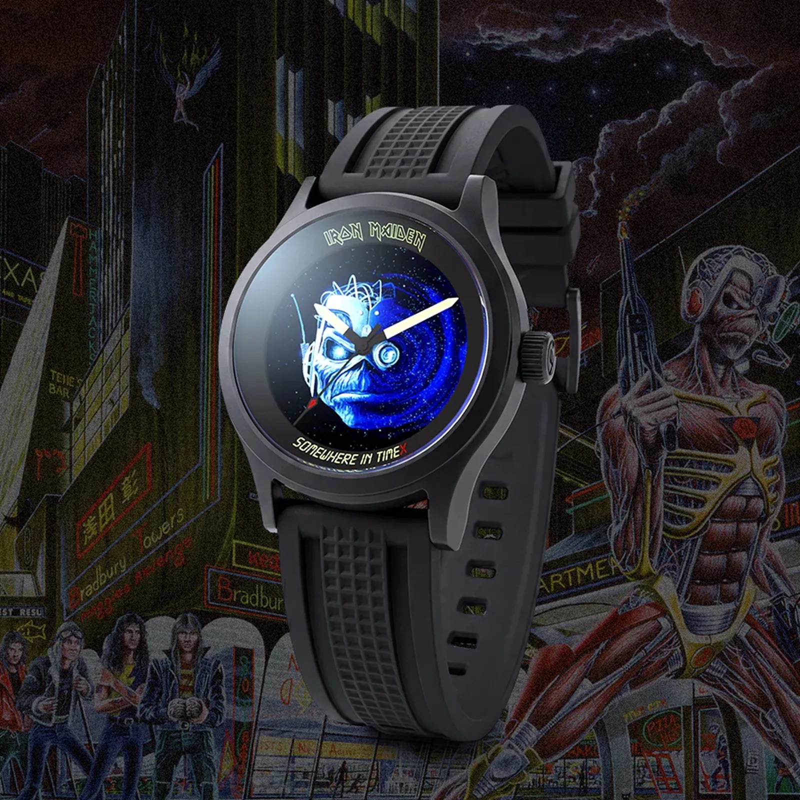 Black wristwatch with a digital face featuring Iron Maiden's "Somewhere in Time" album art and a textured black strap.