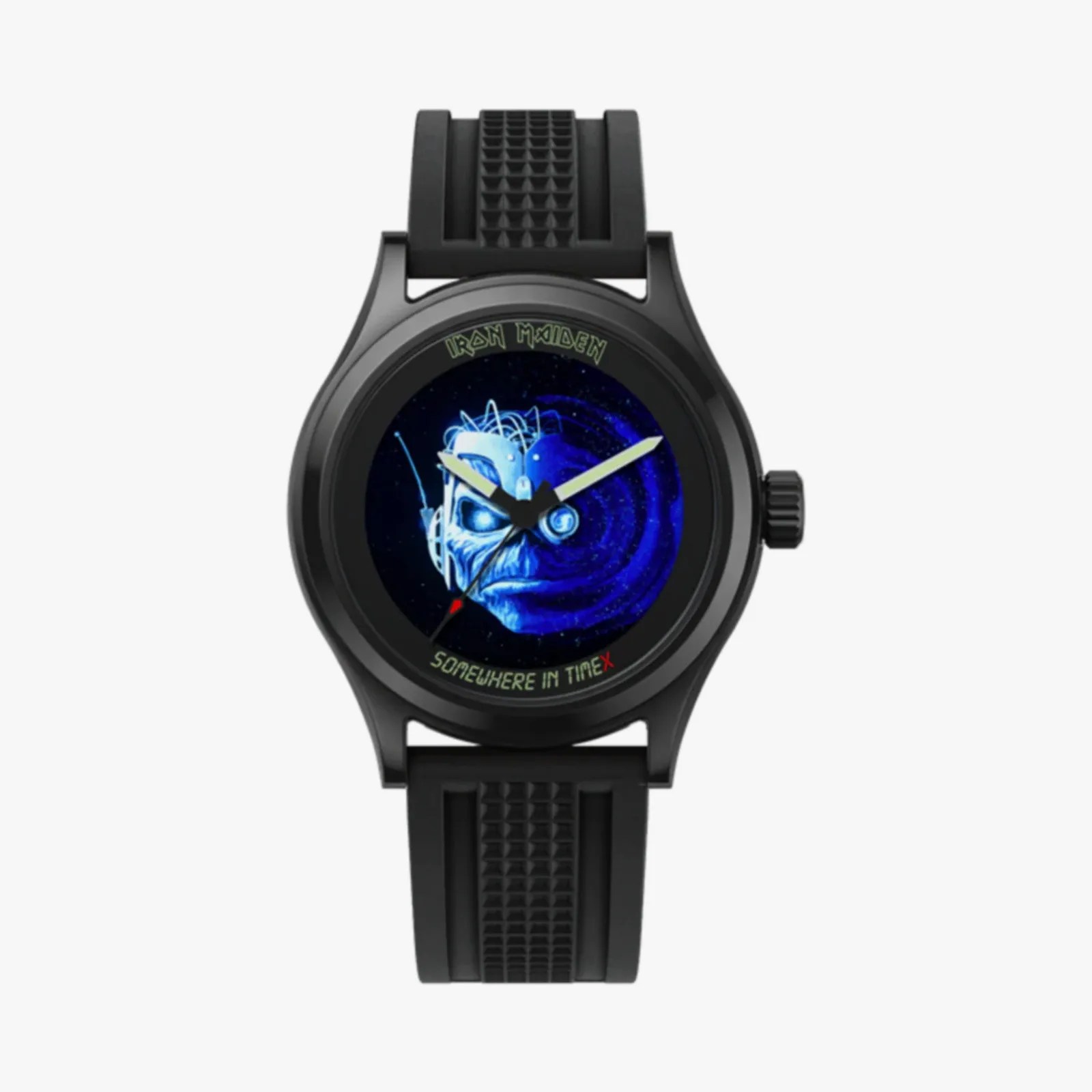Black wristwatch with a textured rubber strap and an Iron Maiden "Somewhere in Time" themed blue face design.