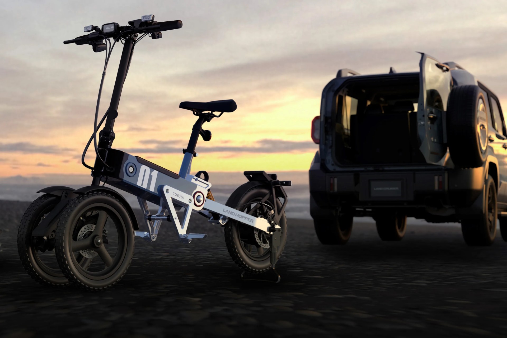 Compact white and black Toyota Land Hopper electric bike with three wheels parked near an open SUV trunk at sunset.