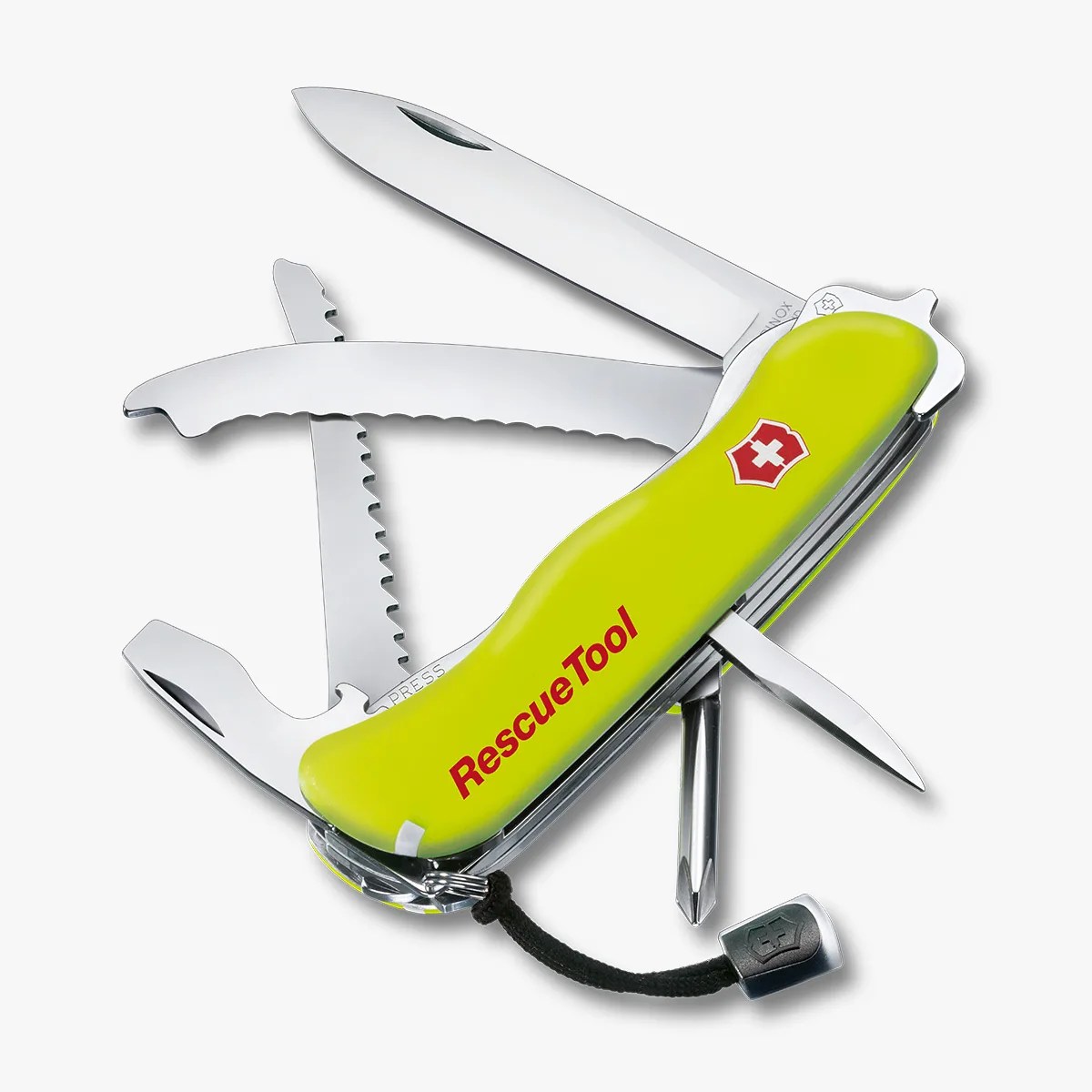 Yellow Swiss Army RescueTool knife with multiple open blades and tools, including a serrated blade and screwdriver.