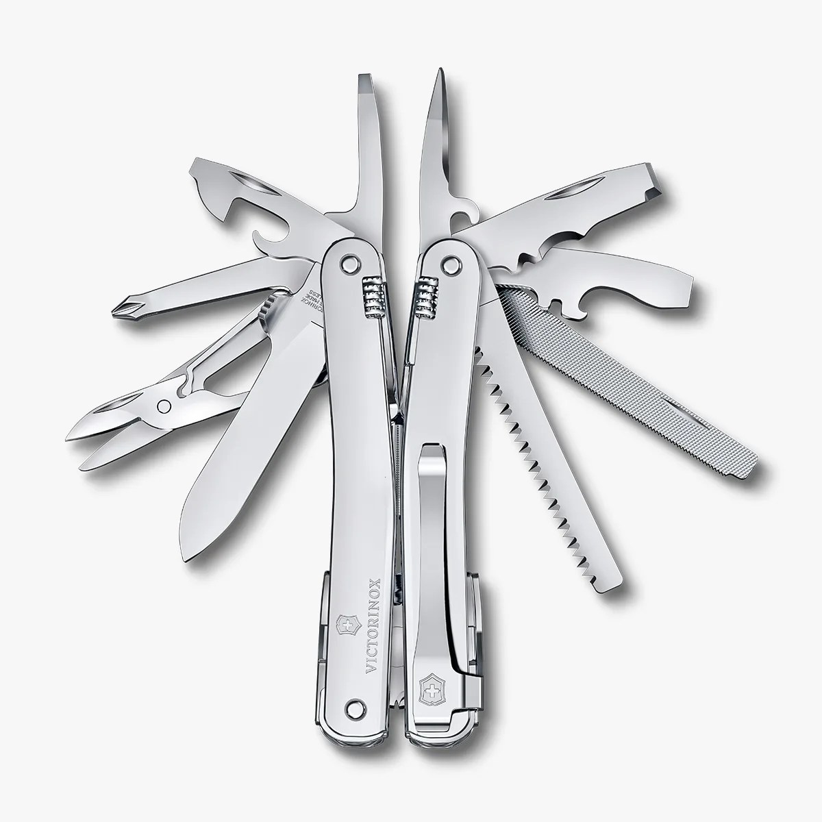 Silver Victorinox multi-tool with various blades, scissors, saw, and other tools extended.