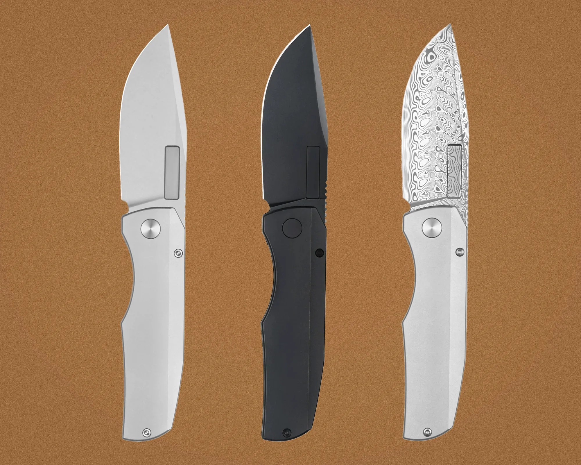 Three folding knives with different blade finishes: plain silver, matte black, and patterned Damascus steel, all with silver handles.