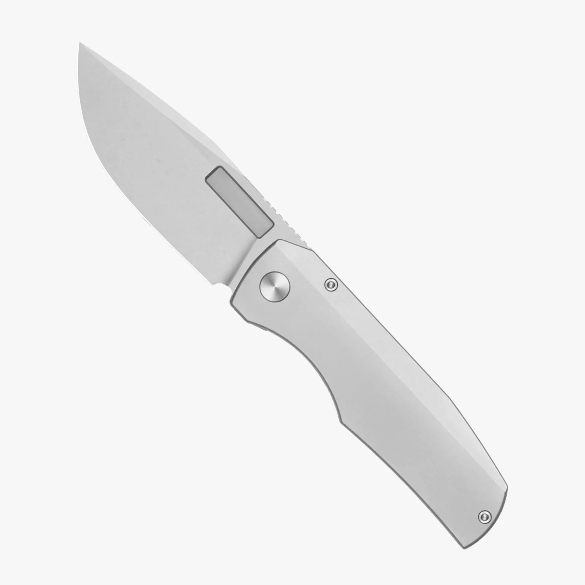 Silver folding knife blade partially open with a smooth handle and circular pivot.