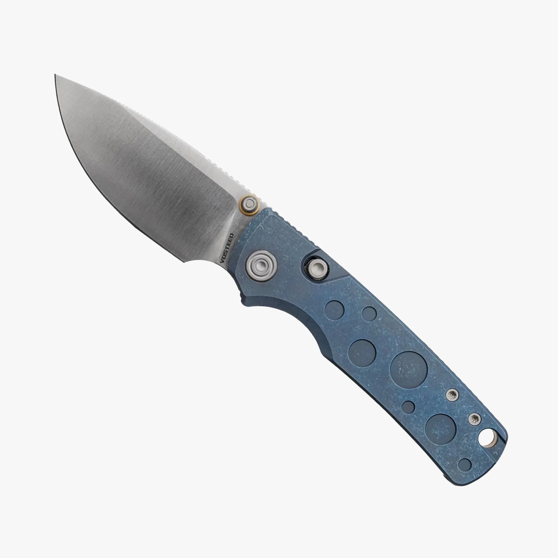 Folding knife with a brushed steel blade and a blue handle featuring circular cutouts and metal screws.