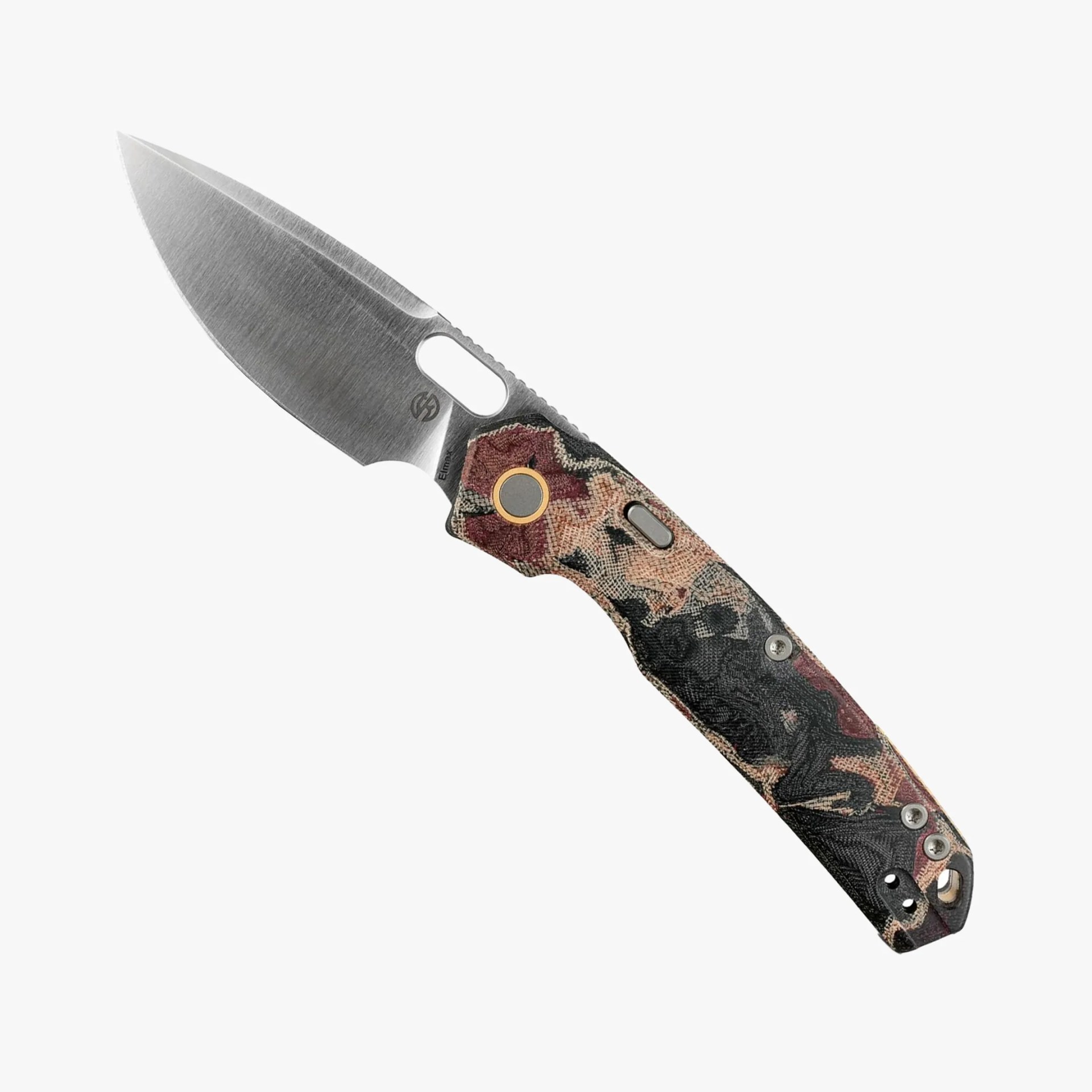 Knife with a stonewashed steel blade and a multicolored textured handle with metal rivets.