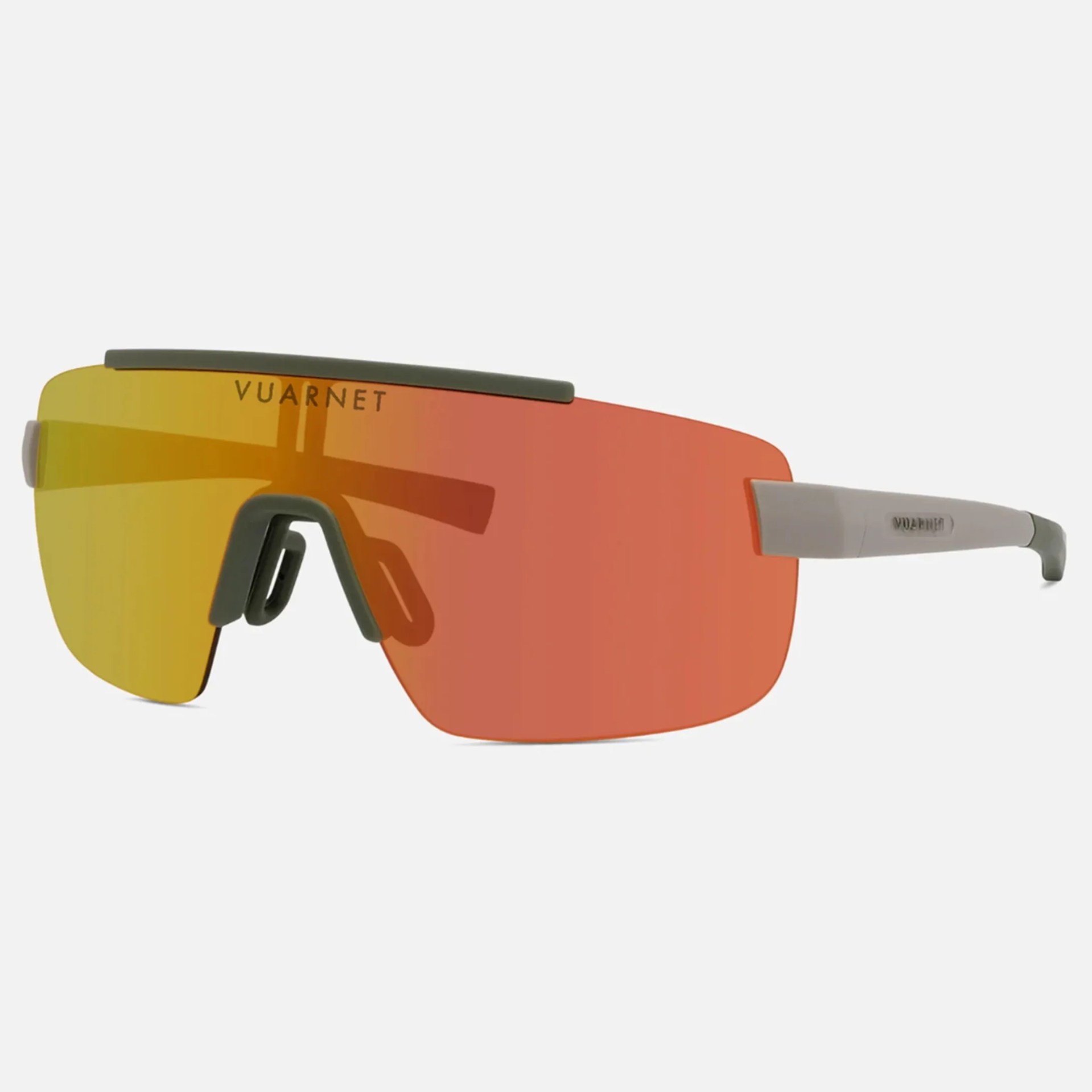 Orange and yellow gradient shield-style sunglasses with gray nose pads and temples, Vuarnet logo on lens and temple.