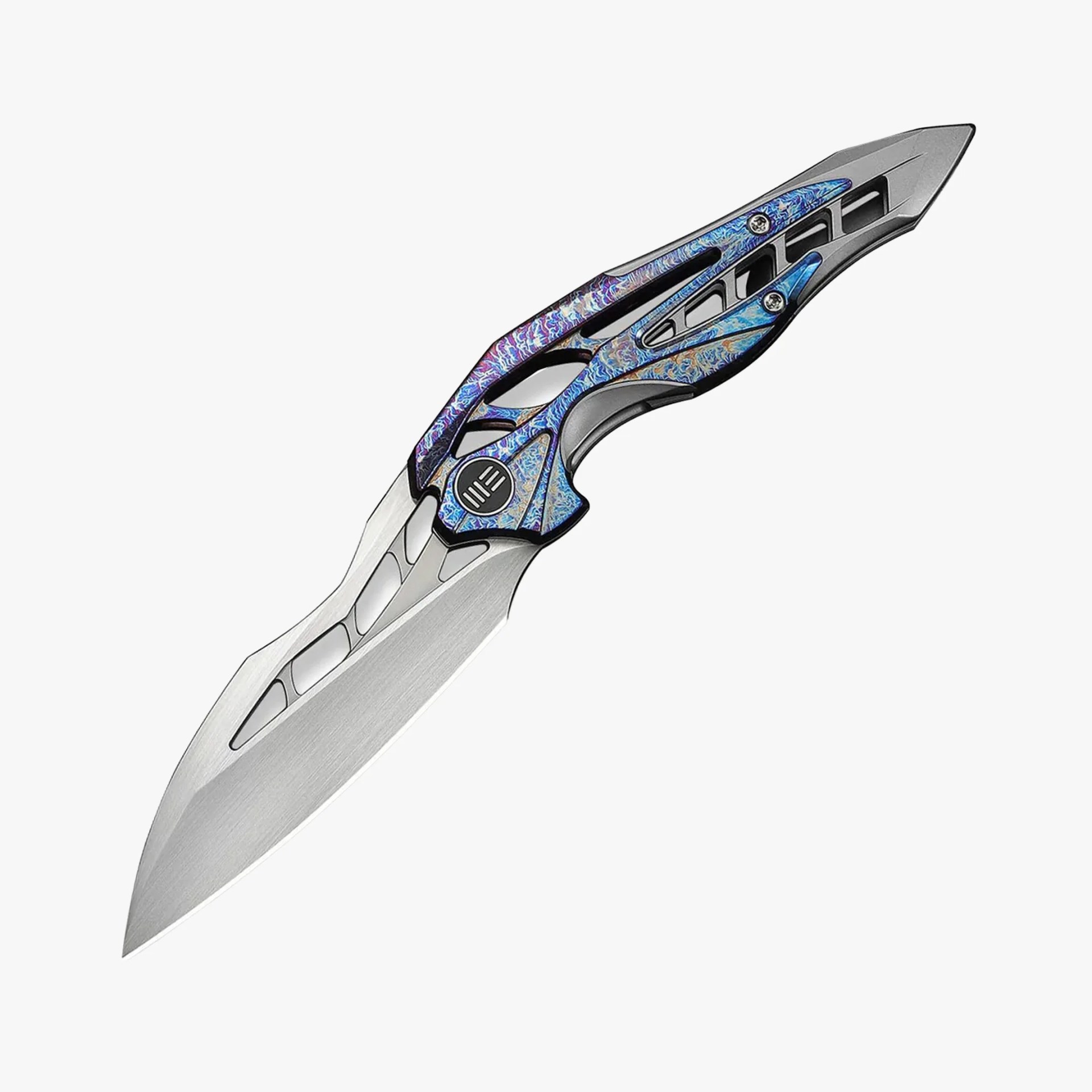 Curved silver knife blade with cutout patterns and a blue-purple textured handle with screws.
