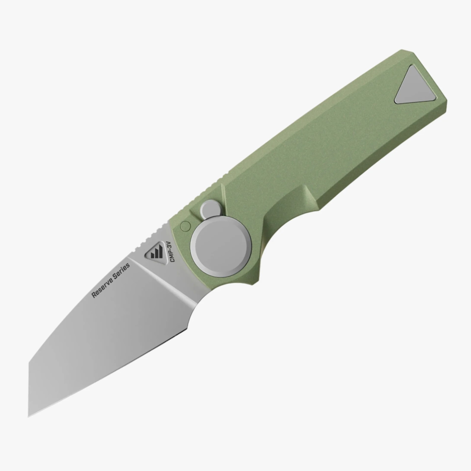 Green-handled folding knife with a partially serrated silver blade and circular pivot mechanism.