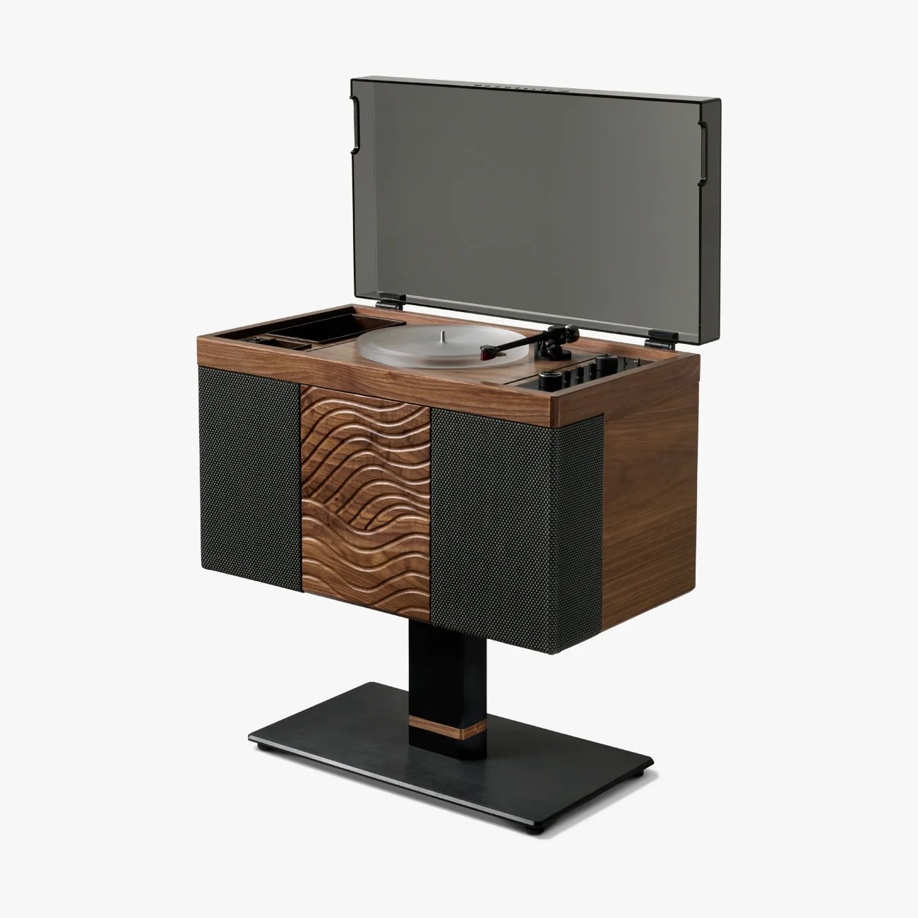 Mid-century style wooden turntable with black speaker grills and a wavy carved wood panel on a black metal stand.