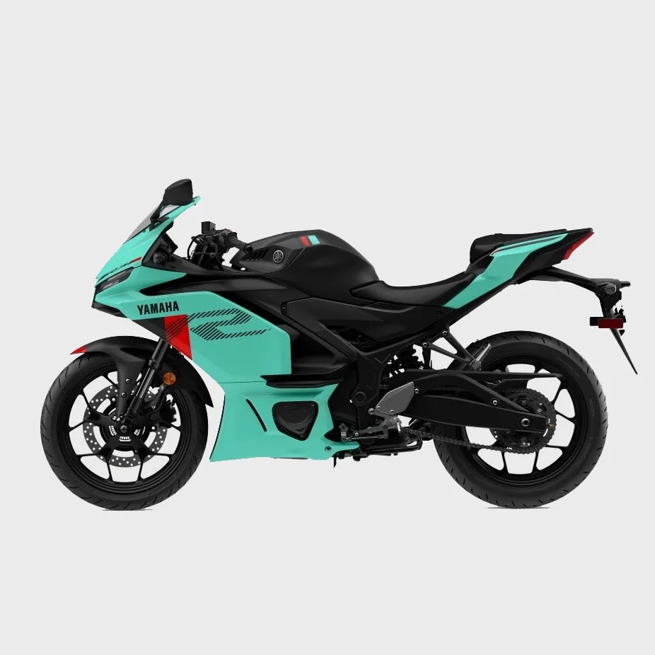 Black and turquoise Yamaha sport motorcycle with red accents on a white background.